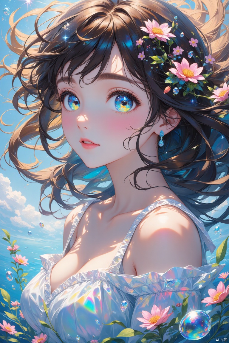 (masterpiece),(best quality),(ultra-detailed),(illustration),1girl,mixed-blood,stars in the eyes,cherry blossoms,messy floating hair,crystal earrings,colored inner hair,Starry sky adorns hair,(colorful Bubble),(pearl),(Galaxy),depth of field,upper body,lace-trimmed dress,