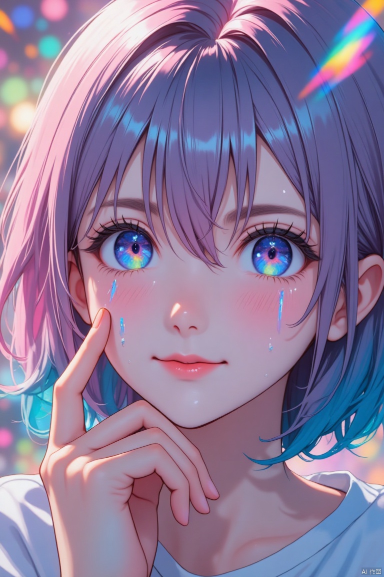 Best quality,masterpiece,1gril,hand,tears,pink and blue hair,smile,medium hair,room,film grain,glitch,lens_flare,colorful,chromatic aberration,super wide angle,dynamic pov,closed mouth,Intense emotional expression: death,amazing quality,absurdres,anime,very aesthetic,