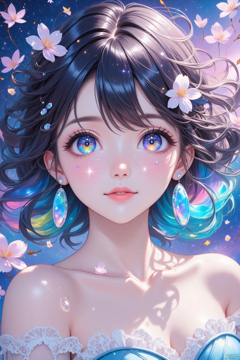 (masterpiece),(best quality),(ultra-detailed),(illustration),1girl,mixed-blood,stars in the eyes,cherry blossoms,messy floating hair,crystal earrings,colored inner hair,Starry sky adorns hair,(colorful Bubble),(pearl),(Galaxy),depth of field,upper body,lace-trimmed dress,