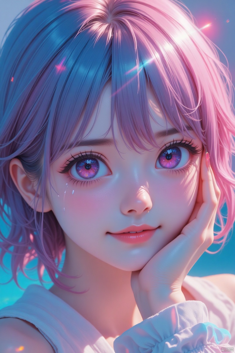 Best quality,masterpiece,1gril,hand,tears,pink and blue hair,smile,medium hair,room,film grain,glitch,lens_flare,colorful,chromatic aberration,super wide angle,dynamic pov,closed mouth,Intense emotional expression: death,amazing quality,absurdres,anime,very aesthetic,
Negative prompt: