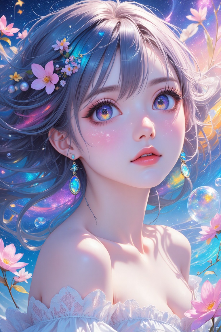 (masterpiece),(best quality),(ultra-detailed),(illustration),1girl,mixed-blood,stars in the eyes,cherry blossoms,messy floating hair,crystal earrings,colored inner hair,Starry sky adorns hair,(colorful Bubble),(pearl),(Galaxy),depth of field,upper body,lace-trimmed dress,