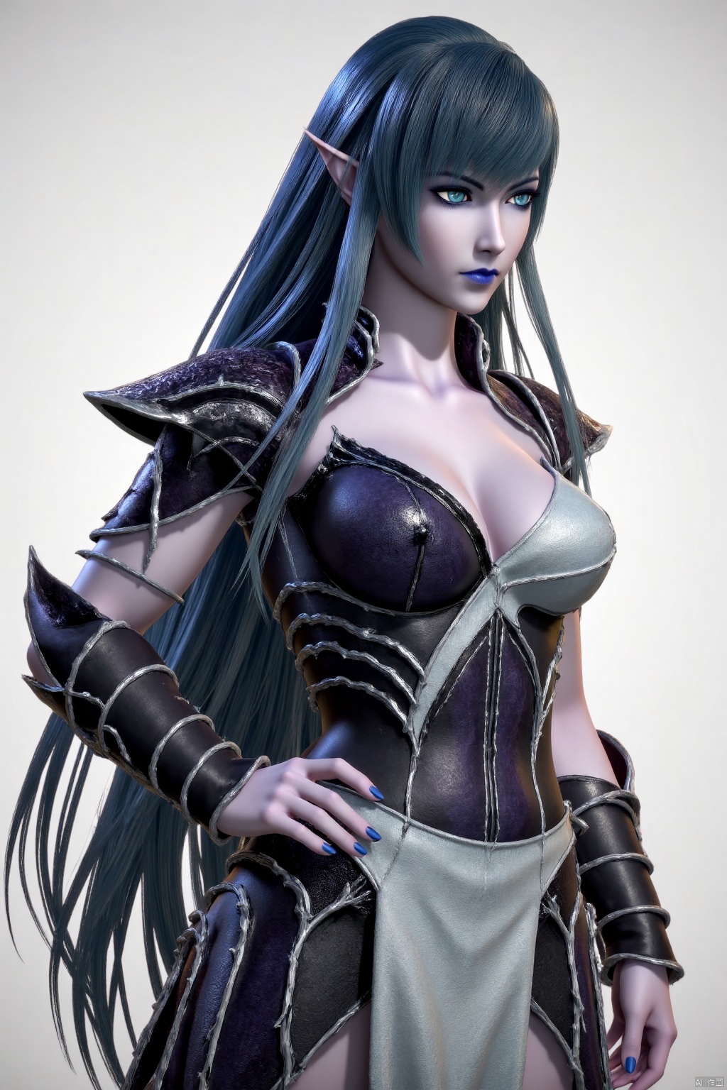 (masterpiece, best quality:1.4),finely detailed,1girl, solo, long hair, breasts, blue eyes, cleavage, medium breasts, blue hair, pointy ears, nail polish, armor, hand on hip, makeup, elf,SFQW,