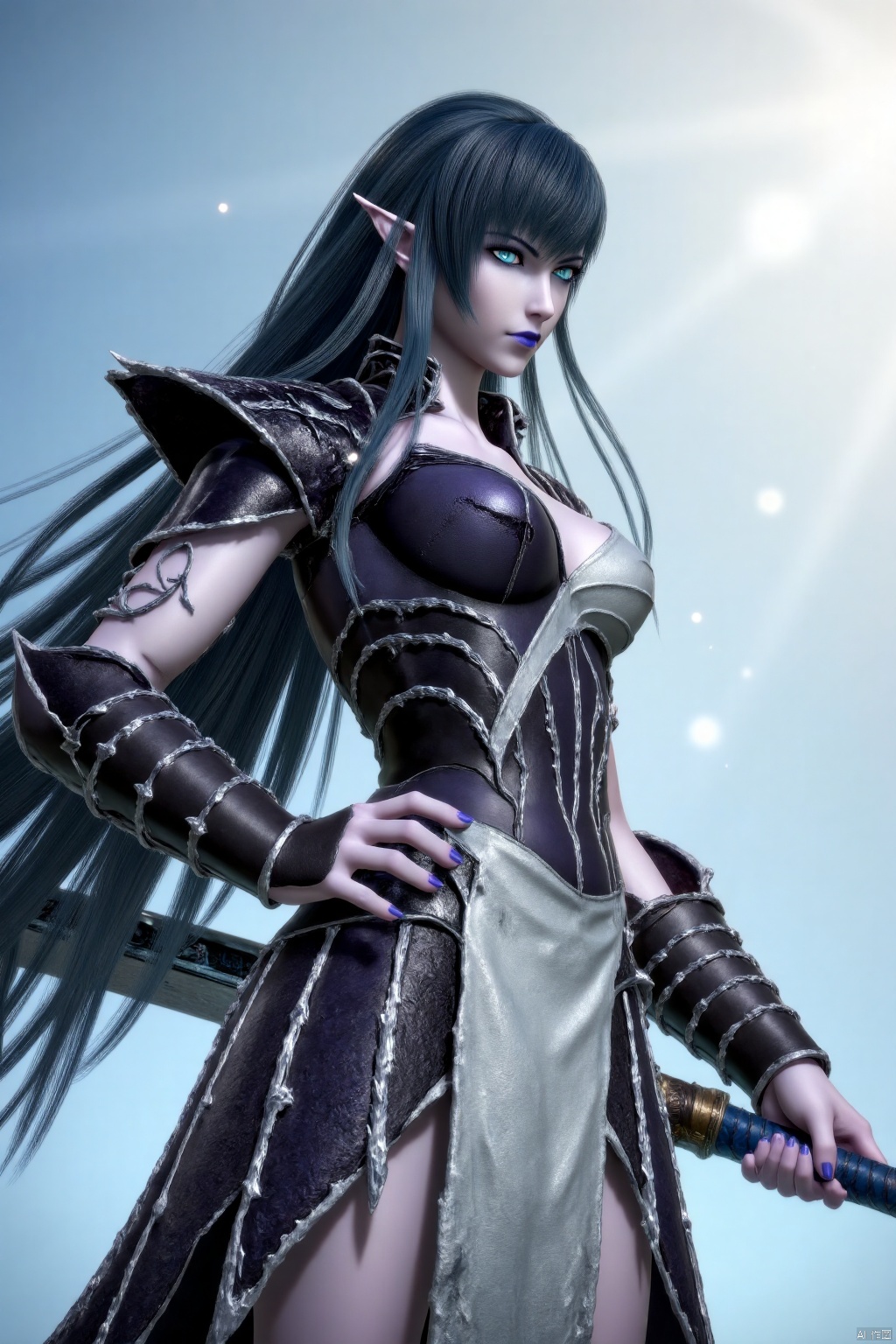 (masterpiece, best quality:1.4),finely detailed,1girl, solo, long hair, breasts, looking at viewer, blue eyes, black hair, holding, standing, weapon, pointy ears, sword, holding weapon, armor, hand on hip, colored skin, holding sword, elf, shoulder armor, pale skin, pauldrons,SFQW,