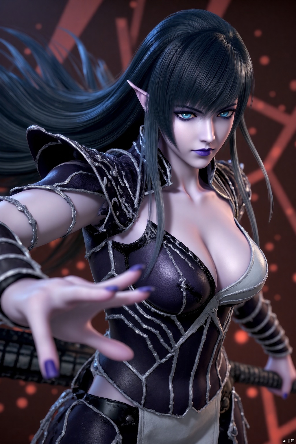 (masterpiece, best quality:1.4),finely detailed,1girl, solo, long hair, breasts, black hair, holding, cleavage, medium breasts, weapon, sword, nail polish, holding weapon, armor, makeup, purple nails, purple lips, hyur,SFQW,
