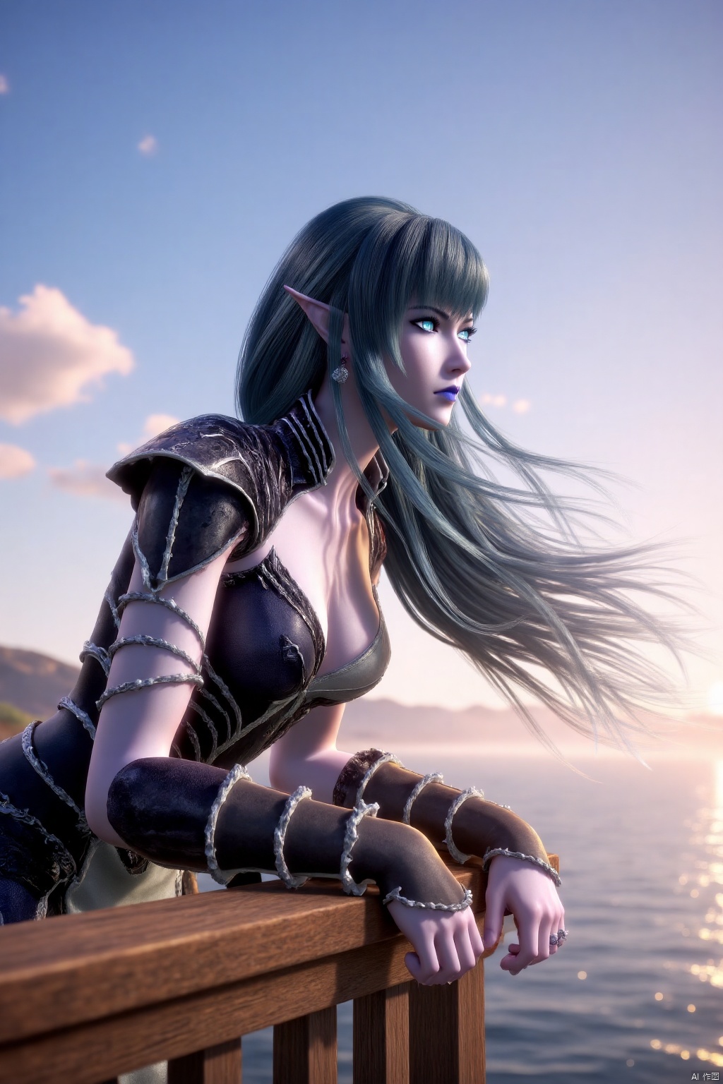 (masterpiece, best quality:1.4),finely detailed,1girl, solo, long hair, breasts, dress, cleavage, jewelry, medium breasts, earrings, outdoors, sky, pointy ears, cloud, water, armor, leaning forward, ocean, ring, elf, wind, shoulder armor, sunset, railing, leaning on object,SFQW,