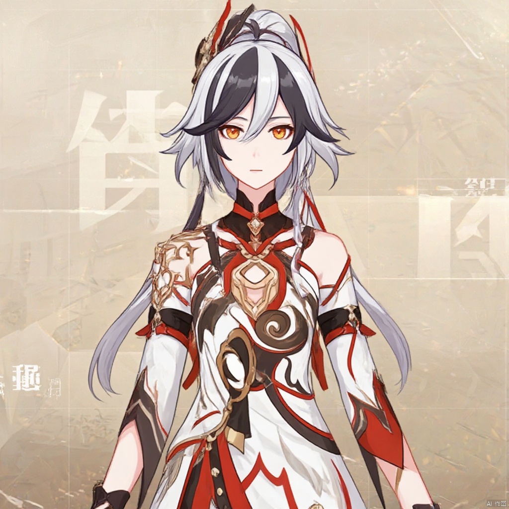 fu_hua,fu_hua cgver,bangs,
  Crane of Taixuan,messy hair,jewelry,eyelashes,two-tone hair,tattoo,ribbon,bangs,white hair,orange eyes,red eyes,streaked hair,black hair,fiery hair,hair between eyes,multicolored hair,hair ornament,yellow pupils,diamond shaped pupils,long hair,ponytail,