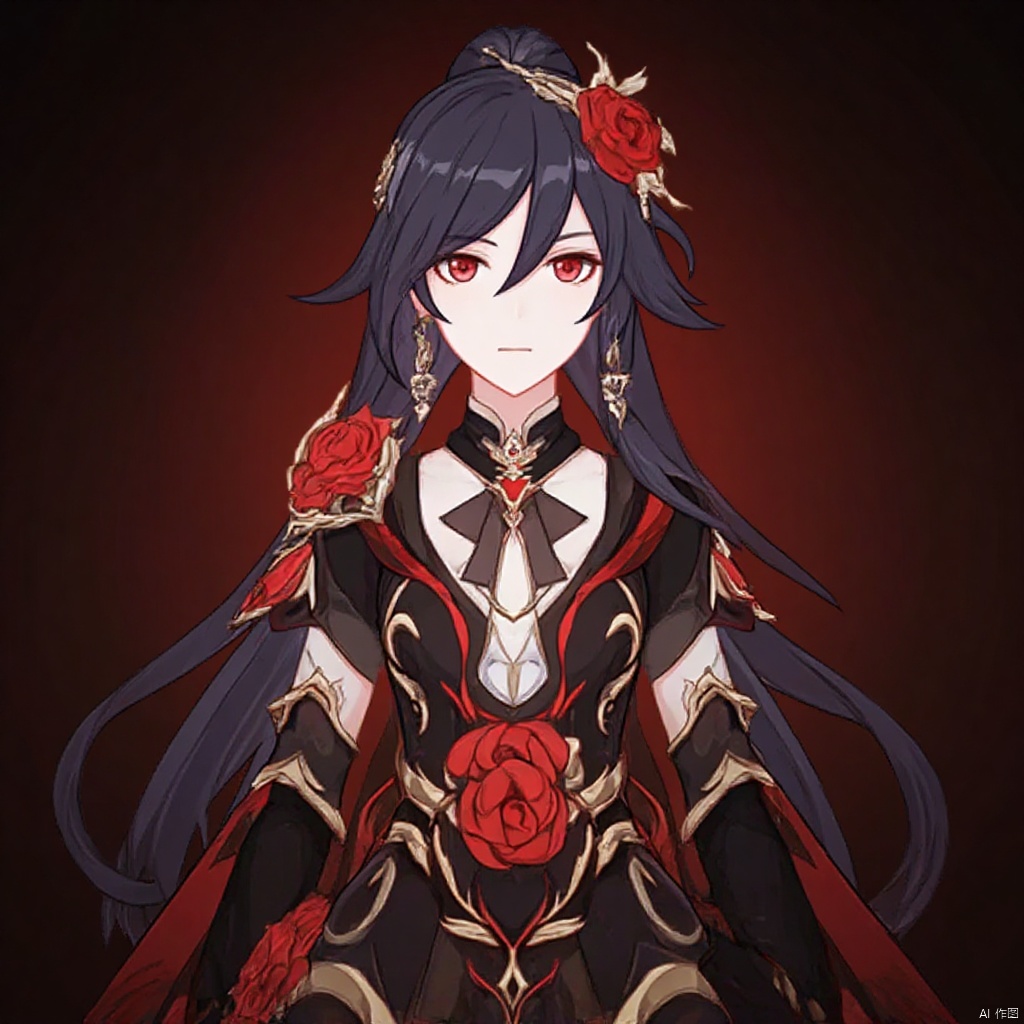 fu_hua,fu_hua cgver,bangs,
 Blood Voivode, long hair, bangs, black hair, hair ornament, red eyes, hair between eyes, flower, hair flower, ponytail, red rose, jewelry, earrings, red flower, rose