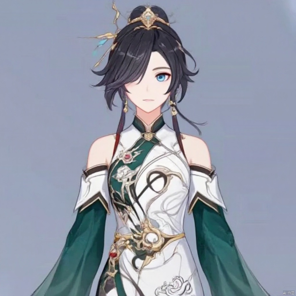 fu_hua,fu_hua cgver,bangs,
 Azure Empyrea,hair ornament, ponytail, blue eyes, hair over one eye, jewelry, earrings, long sleeves, dress, bare shoulders,white dress, chinese clothes,china dress,green sleeves