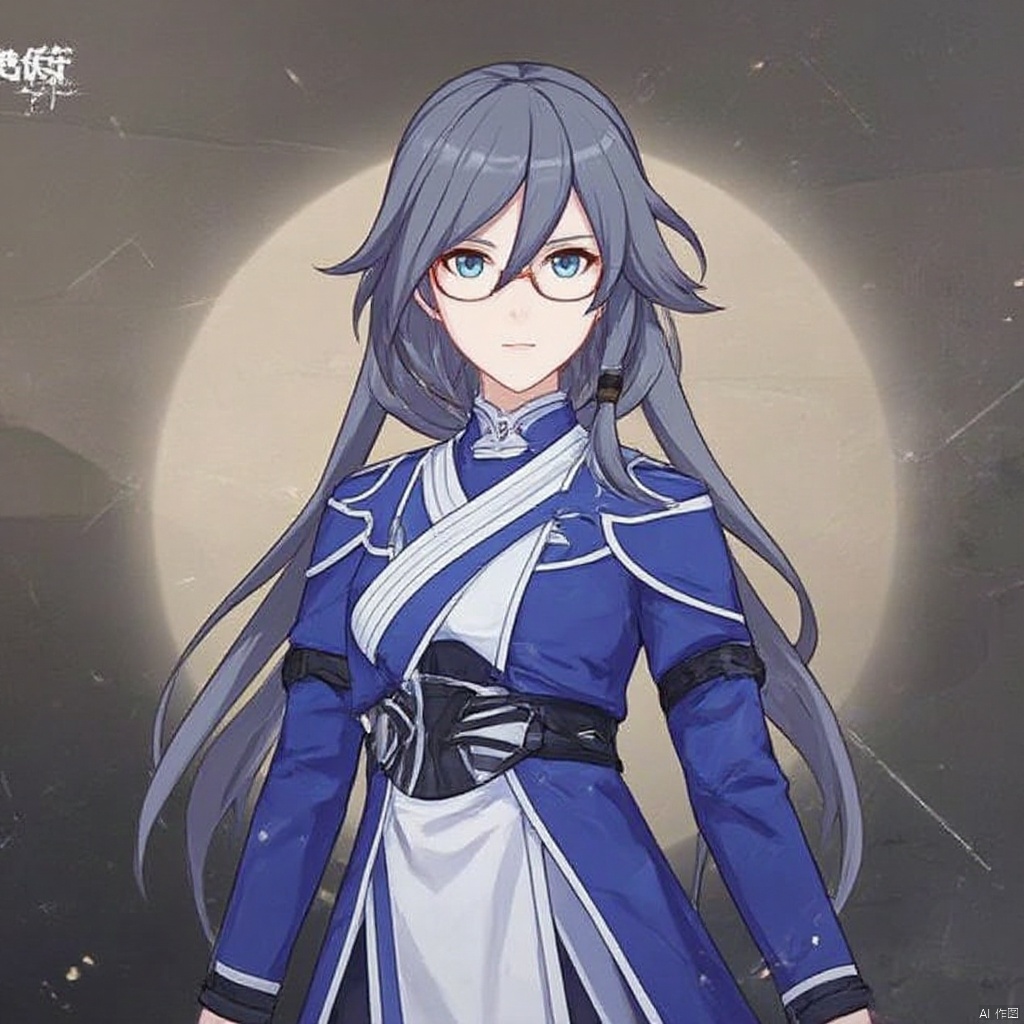 fu_hua,fu_hua cgver,bangs,
Valkyrie Accipiter,hair between eyes,blue eyes,grey hair, blue hair, long hair,low-tied long hair, long sleeves, blue jacket, jacket, glasses, chinese clothes,red_framed_eyewear