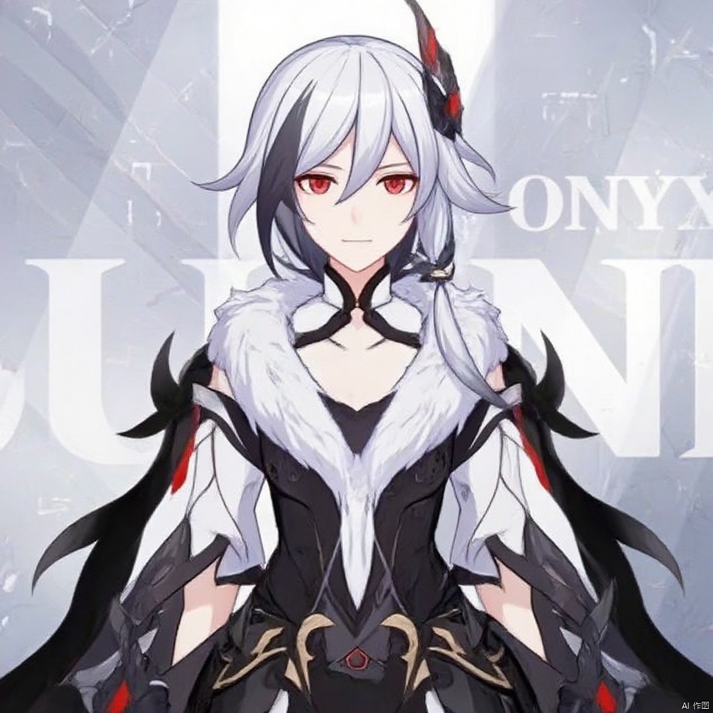 fu_hua,fu_hua cgver,bangs,
 Onyx Simurgh, long hair, bangs, white hair, red eyes, hair between eyes, smile, black hair, multicolored hair, streaked hair,low-tied long hair,feathers,gloves,fur collar,shoulder