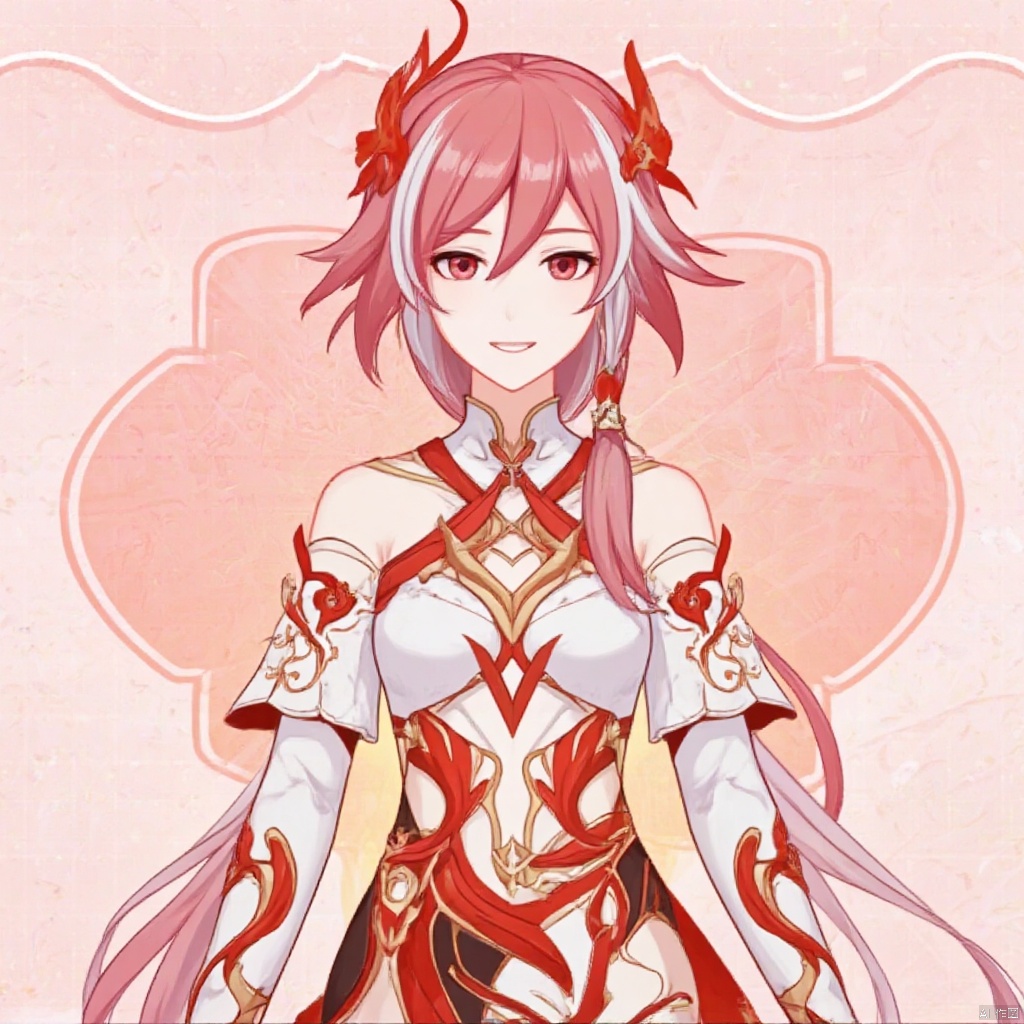 fu_hua,fu_hua cgver,bangs,
 the Phoenix,bangs, hair ornament, red eyes, hair between eyes, white hair, multicolored hair, streaked hair, smile, small breasts, red hair, pink hair,low-tied long hair,