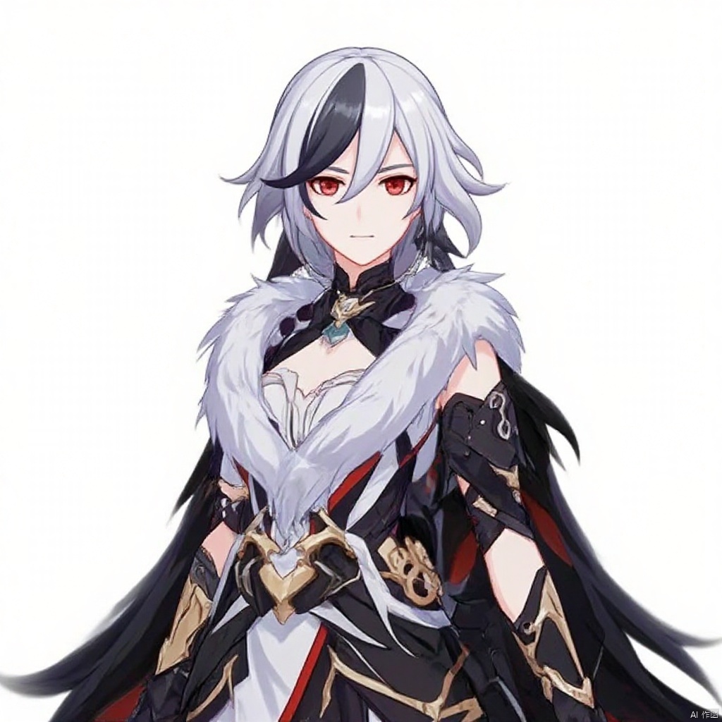 fu_hua,fu_hua cgver,bangs,
 Onyx Simurgh, long hair, bangs, white hair, red eyes, hair between eyes, smile, black hair, multicolored hair, streaked hair,low-tied long hair,feathers,gloves,fur collar,shoulder