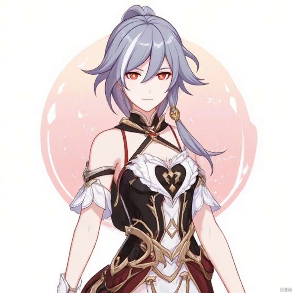 fu_hua,fu_hua cgver,bangs,
  Herrscher of Sentience,,long hair,smile, bangs, hair ornament, red eyes,hair between eyes,ponytail, silver hair,white hair,gray hair,multicolored hair,small breasts,streaked hair,yellow pupils,diamond shaped pupils,
