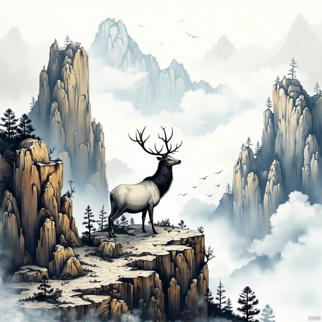 Giant animal, white deer,(elk:1.2), Masterpiece,Best Quality,Abstract, brush stroke, Lushan Mountain,artistic conception of mountains and waters,architectural complex, clouds and mist, cliffs, pine trees, waterfalls, rich lighting, high mountains, minimalism, ultimate details, unparalleled details, Abstract, Surrealism