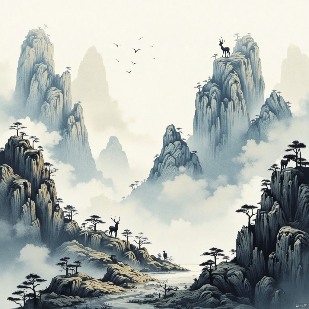 Giant animal, white deer,(elk:1.2), Masterpiece,Best Quality,Abstract, brush stroke, Lushan Mountain,artistic conception of mountains and waters,architectural complex, clouds and mist, cliffs, pine trees, waterfalls, rich lighting, high mountains, minimalism, ultimate details, unparalleled details, Abstract, Surrealism