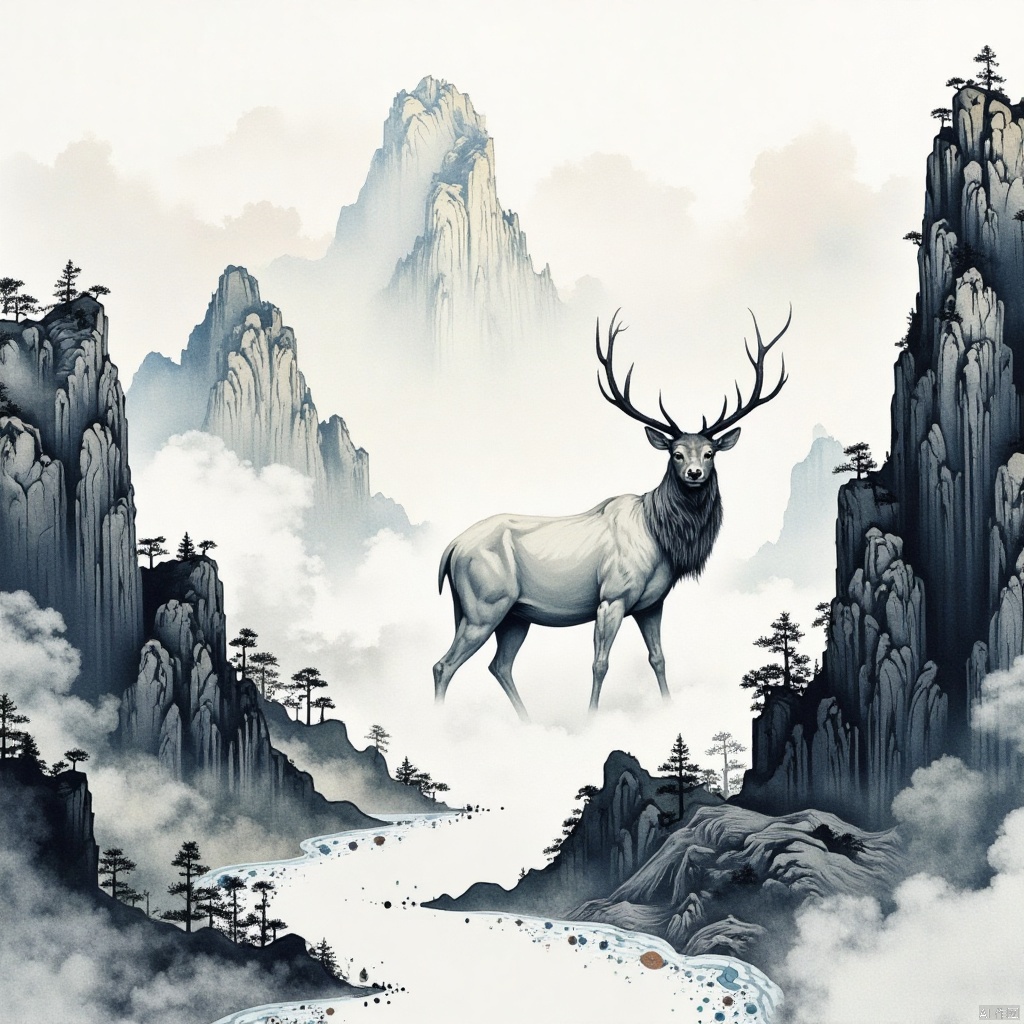 Giant animal, white deer,(elk:1.2), Masterpiece,Best Quality,Abstract, brush stroke, Lushan Mountain,artistic conception of mountains and waters,architectural complex, clouds and mist, cliffs, pine trees, waterfalls, rich lighting, high mountains, minimalism, ultimate details, unparalleled details, Abstract, Surrealism