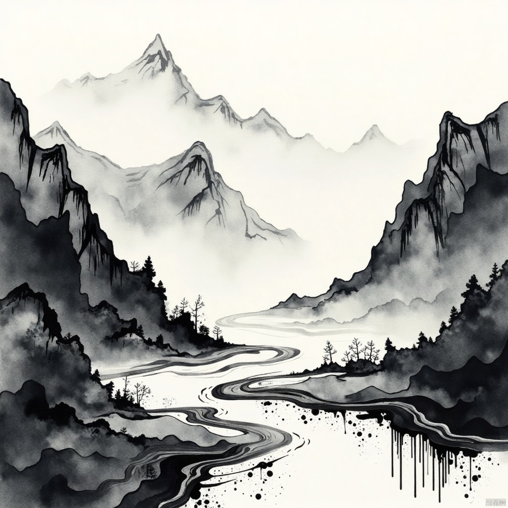 shanshuiflux,This is a monochromatic ink wash painting depicting a serene and mystical landscape. The scene is dominated by misty mountains that rise majestically on both sides of the composition, with their peaks shrouded in a soft, ethereal fog. The mountains are rendered in varying shades of gray, creating depth and contrast.In the foreground, a winding river snakes through the valley, its path marked by dynamic, fluid strokes that suggest movement and life. The river's surface is textured with ink splatters and drips, adding to the sense of spontaneity and natural chaos.The use of negative space in the painting emphasizes the mist and the mist-enshrouded mountains, drawing the viewer's eye through the composition and invoking a sense of wonder and exploration.Overall, the painting evokes a feeling of tranquility and introspection, inviting the viewer to ponder the beauty and mystery of nature.