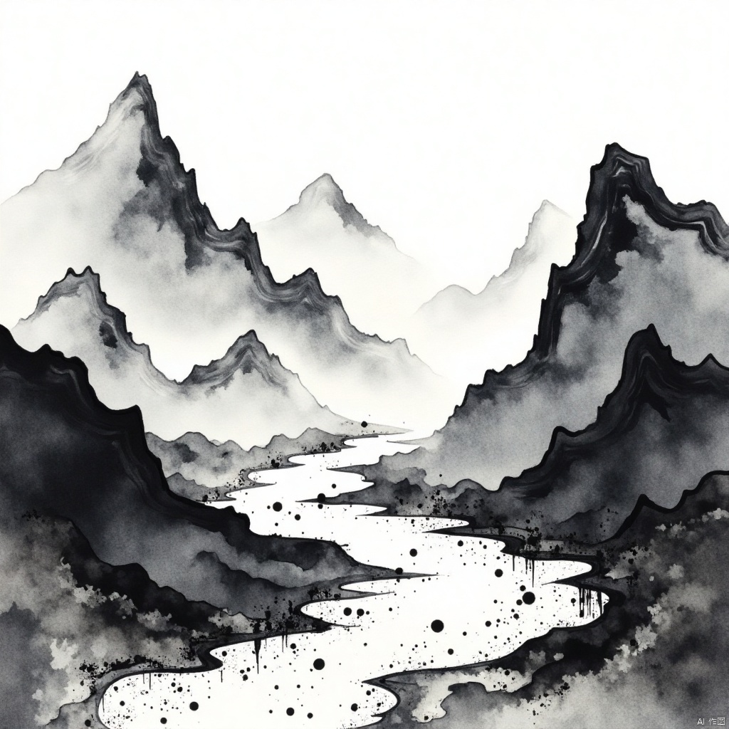 shanshuiflux,This is a monochromatic ink wash painting depicting a serene and mystical landscape. The scene is dominated by misty mountains that rise majestically on both sides of the composition, with their peaks shrouded in a soft, ethereal fog. The mountains are rendered in varying shades of gray, creating depth and contrast.In the foreground, a winding river snakes through the valley, its path marked by dynamic, fluid strokes that suggest movement and life. The river's surface is textured with ink splatters and drips, adding to the sense of spontaneity and natural chaos.The use of negative space in the painting emphasizes the mist and the mist-enshrouded mountains, drawing the viewer's eye through the composition and invoking a sense of wonder and exploration.Overall, the painting evokes a feeling of tranquility and introspection, inviting the viewer to ponder the beauty and mystery of nature.