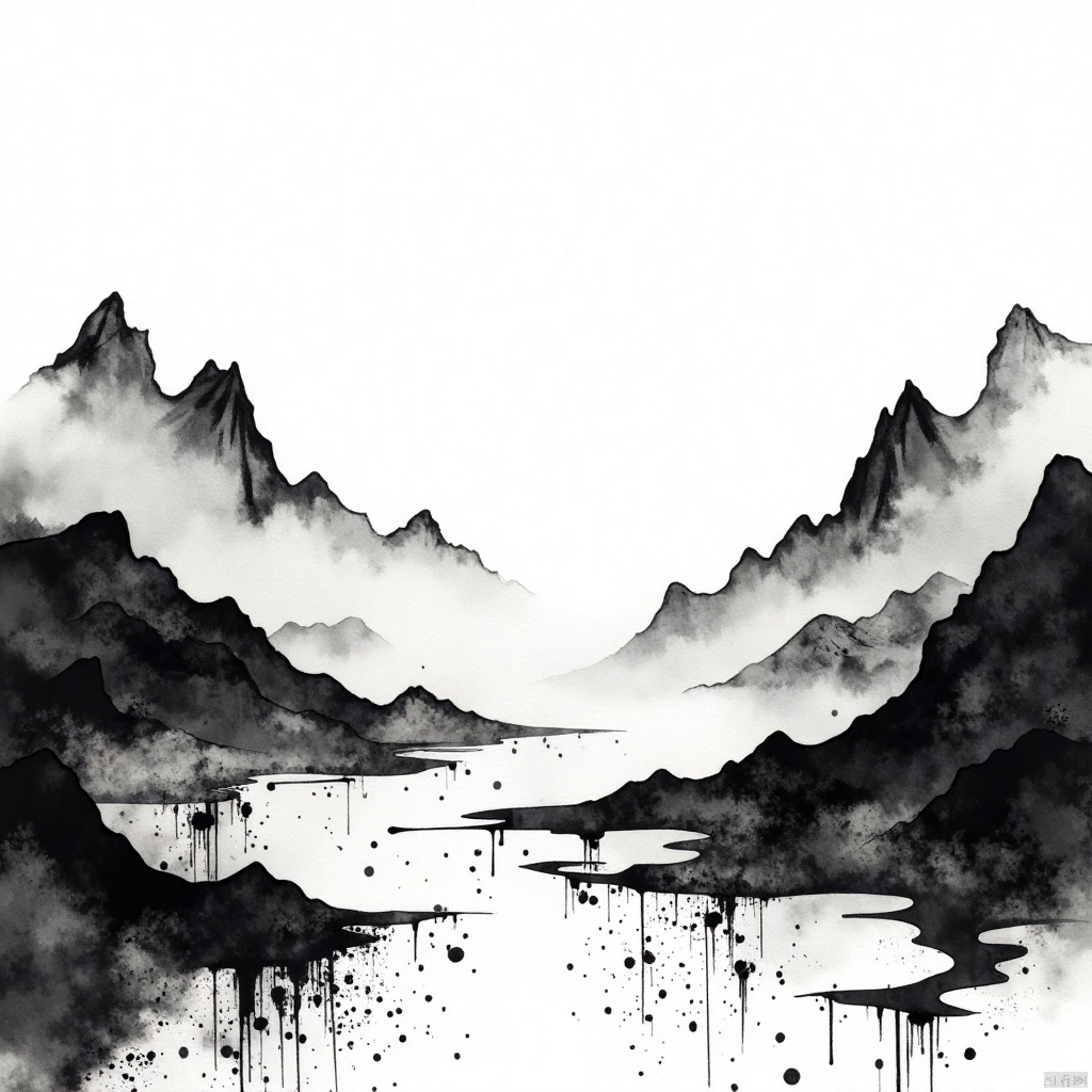 shanshuiflux,This is a monochromatic ink wash painting depicting a serene and mystical landscape. The scene is dominated by misty mountains that rise majestically on both sides of the composition, with their peaks shrouded in a soft, ethereal fog. The mountains are rendered in varying shades of gray, creating depth and contrast.In the foreground, a winding river snakes through the valley, its path marked by dynamic, fluid strokes that suggest movement and life. The river's surface is textured with ink splatters and drips, adding to the sense of spontaneity and natural chaos.The use of negative space in the painting emphasizes the mist and the mist-enshrouded mountains, drawing the viewer's eye through the composition and invoking a sense of wonder and exploration.Overall, the painting evokes a feeling of tranquility and introspection, inviting the viewer to ponder the beauty and mystery of nature.