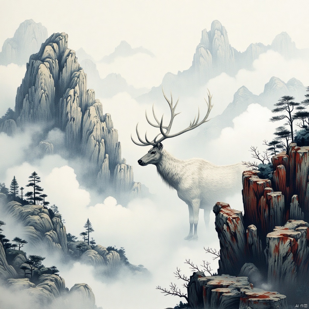 Giant animal, white deer,(elk:1.2), Masterpiece,Best Quality,Abstract, brush stroke, Lushan Mountain,artistic conception of mountains and waters,architectural complex, clouds and mist, cliffs, pine trees, waterfalls, rich lighting, high mountains, minimalism, ultimate details, unparalleled details, Abstract, Surrealism