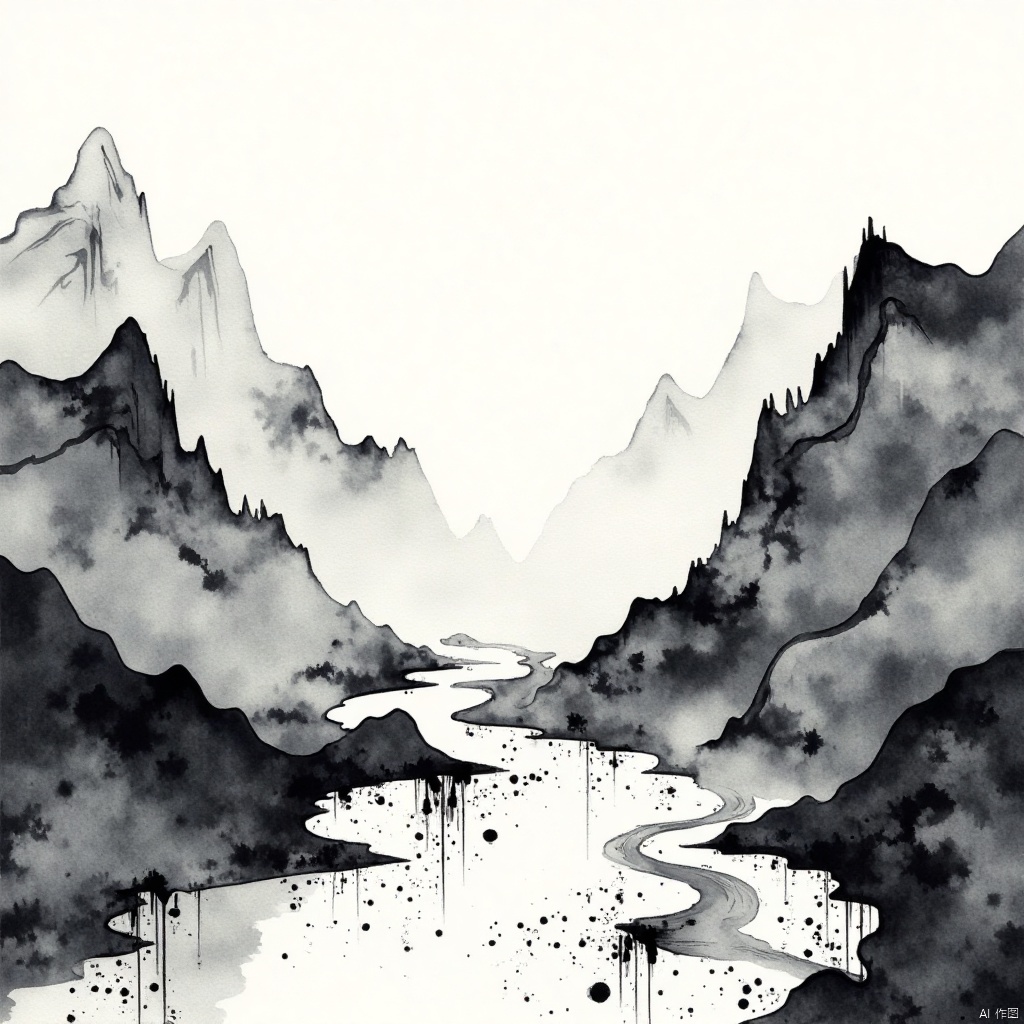 shanshuiflux,This is a monochromatic ink wash painting depicting a serene and mystical landscape. The scene is dominated by misty mountains that rise majestically on both sides of the composition, with their peaks shrouded in a soft, ethereal fog. The mountains are rendered in varying shades of gray, creating depth and contrast.In the foreground, a winding river snakes through the valley, its path marked by dynamic, fluid strokes that suggest movement and life. The river's surface is textured with ink splatters and drips, adding to the sense of spontaneity and natural chaos.The use of negative space in the painting emphasizes the mist and the mist-enshrouded mountains, drawing the viewer's eye through the composition and invoking a sense of wonder and exploration.Overall, the painting evokes a feeling of tranquility and introspection, inviting the viewer to ponder the beauty and mystery of nature.