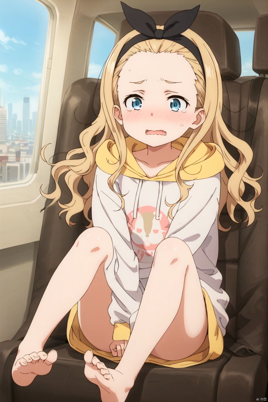 1girl,solo,long hair,blue eyes,blonde hair,long sleeves,ribbon,hair ribbon,hairband,barefoot,hood,black ribbon,hoodie,shock,blush,wavy mouth,tear,on the bed,Indoor,Window,Sunshine,city,between legs