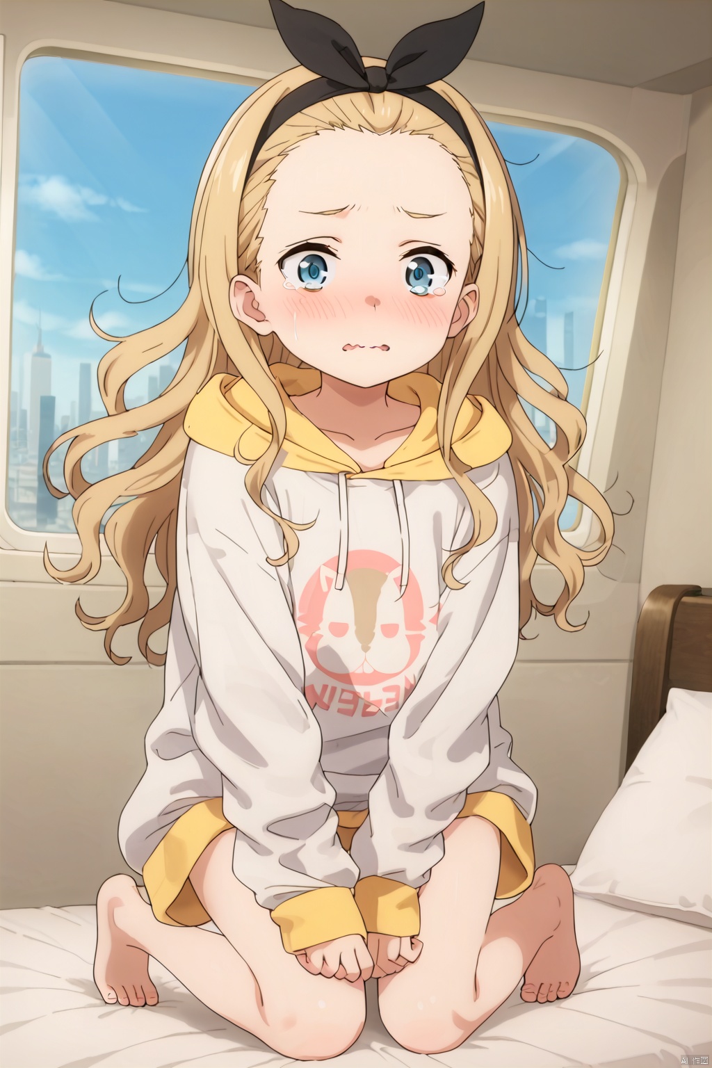 1girl,solo,long hair,blue eyes,blonde hair,long sleeves,ribbon,hair ribbon,hairband,barefoot,hood,black ribbon,hoodie,shock,blush,wavy mouth,tear,on the bed,Indoor,Window,Sunshine,city,between legs