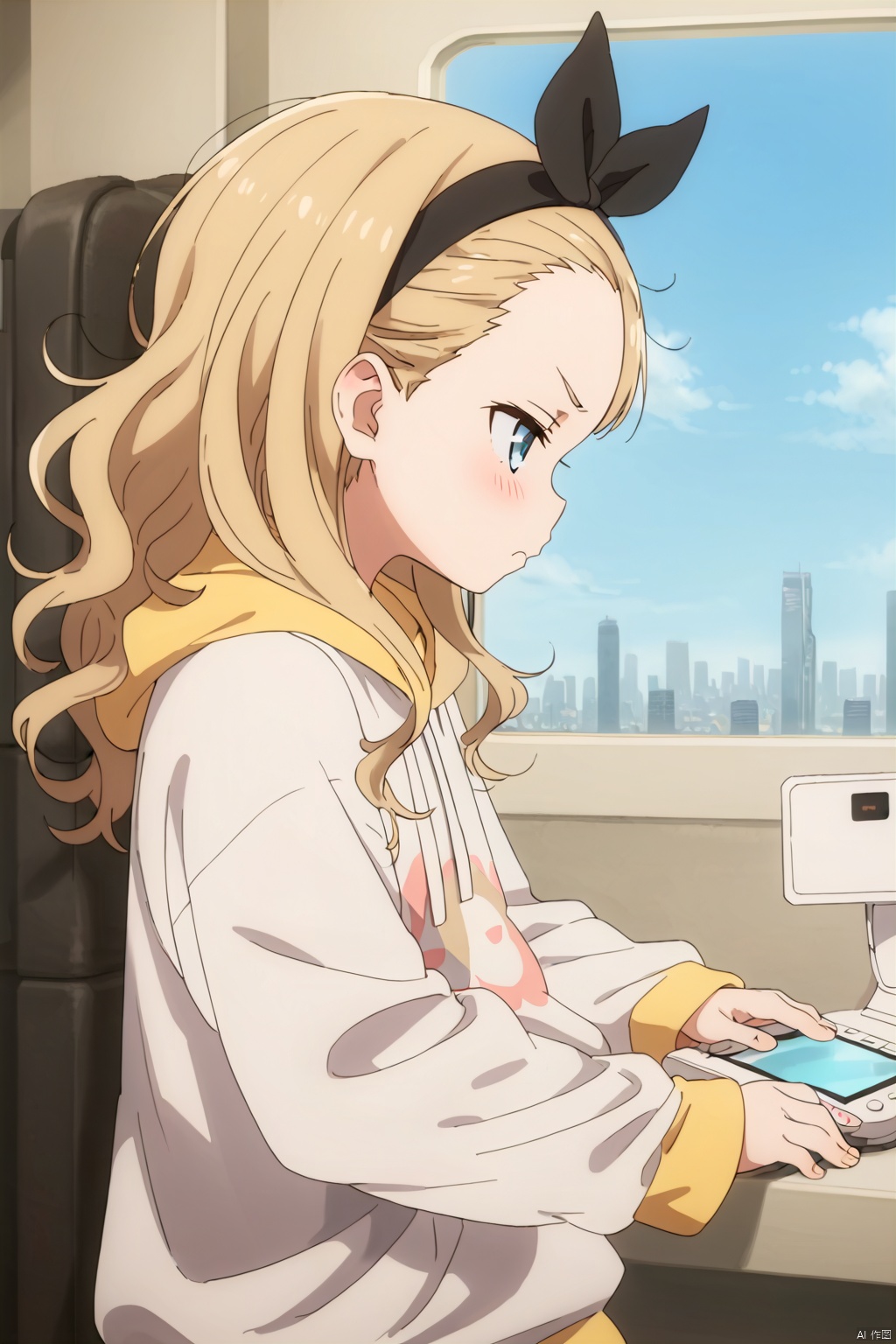 1girl,solo,long hair,blue eyes,blonde hair,long sleeves,ribbon,hair ribbon,hairband,barefoot,hood,black ribbon,hoodie,on the bed,Indoor,Window,Sunshine,city,standing,pout,blush,upper body,profile,Playing computer games