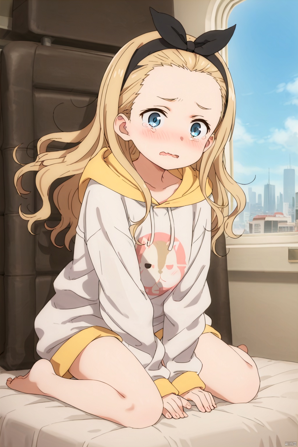 1girl,solo,long hair,blue eyes,blonde hair,long sleeves,ribbon,hair ribbon,hairband,barefoot,hood,black ribbon,hoodie,shock,blush,wavy mouth,tear,on the bed,Indoor,Window,Sunshine,city,between legs