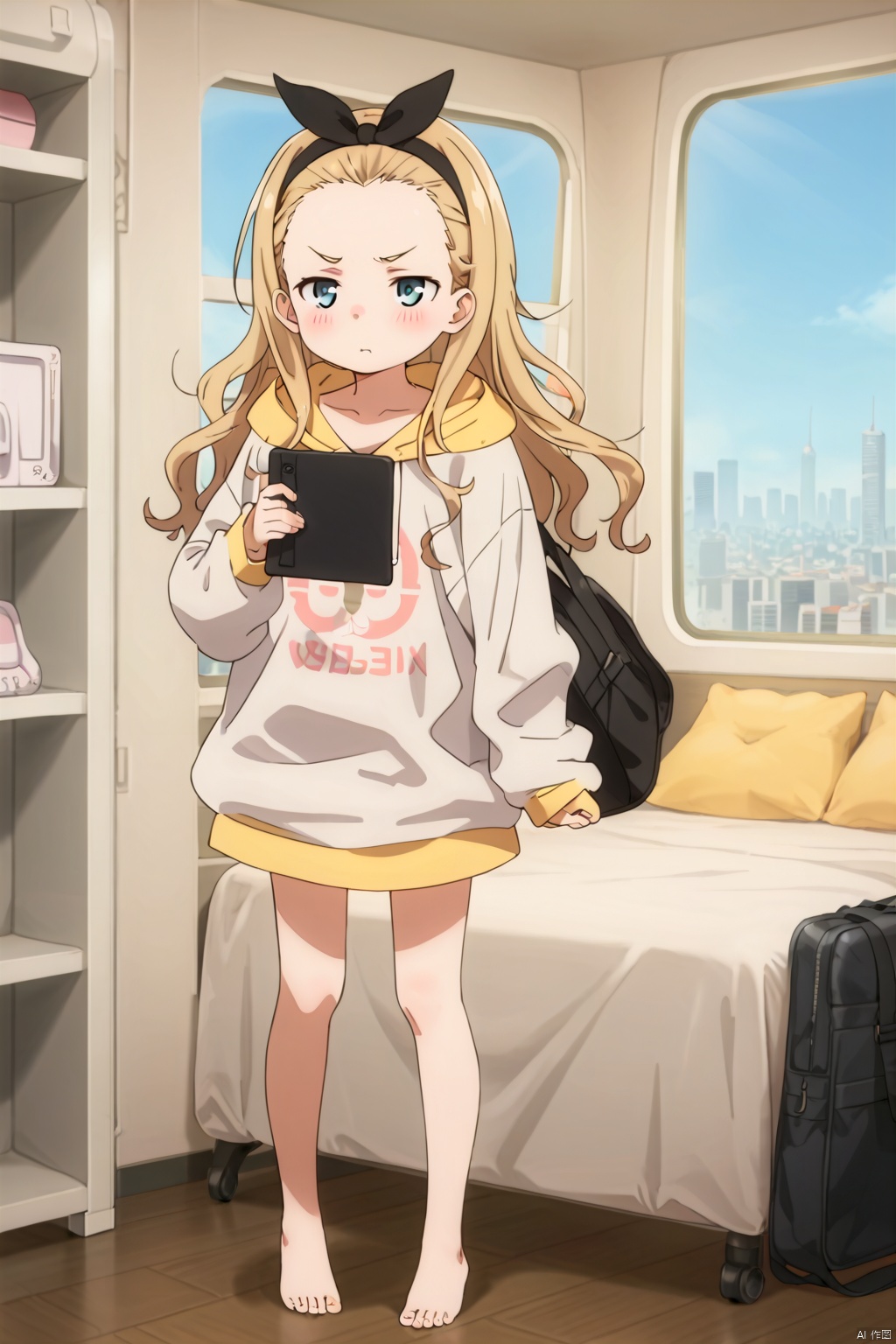 1girl,solo,long hair,blue eyes,blonde hair,long sleeves,ribbon,hair ribbon,hairband,barefoot,hood,black ribbon,hoodie,on the bed,Indoor,Window,Sunshine,city,standing,pout,Holding a tablet computer,blush