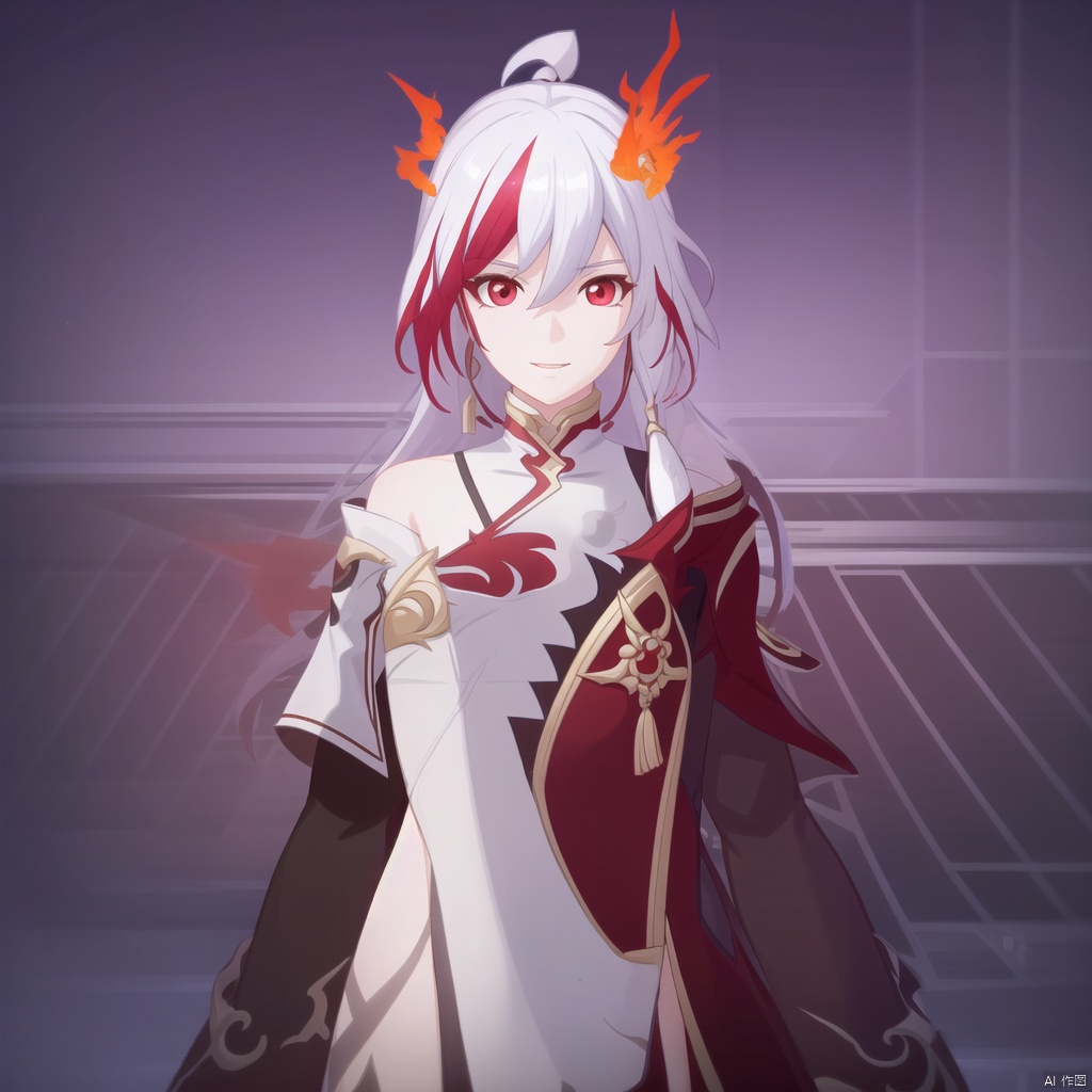 fu_hua,fu_hua cgver,bangs,
 the Phoenix,bangs, hair ornament, red eyes, hair between eyes, white hair, multicolored hair, streaked hair, smile, small breasts, red hair, pink hair,low-tied long hair,