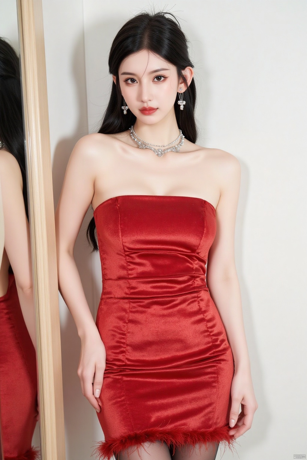 a 3D rendering of a woman in a red strapless dress stands in front of a mirror. The woman's dress is adorned with a silver necklace and earrings, adding a touch of sparkle to her outfit. The backdrop is a stark white wall, creating a stark contrast to the woman's red dress. The reflection of the woman in the mirror can be seen on the left side of the frame.