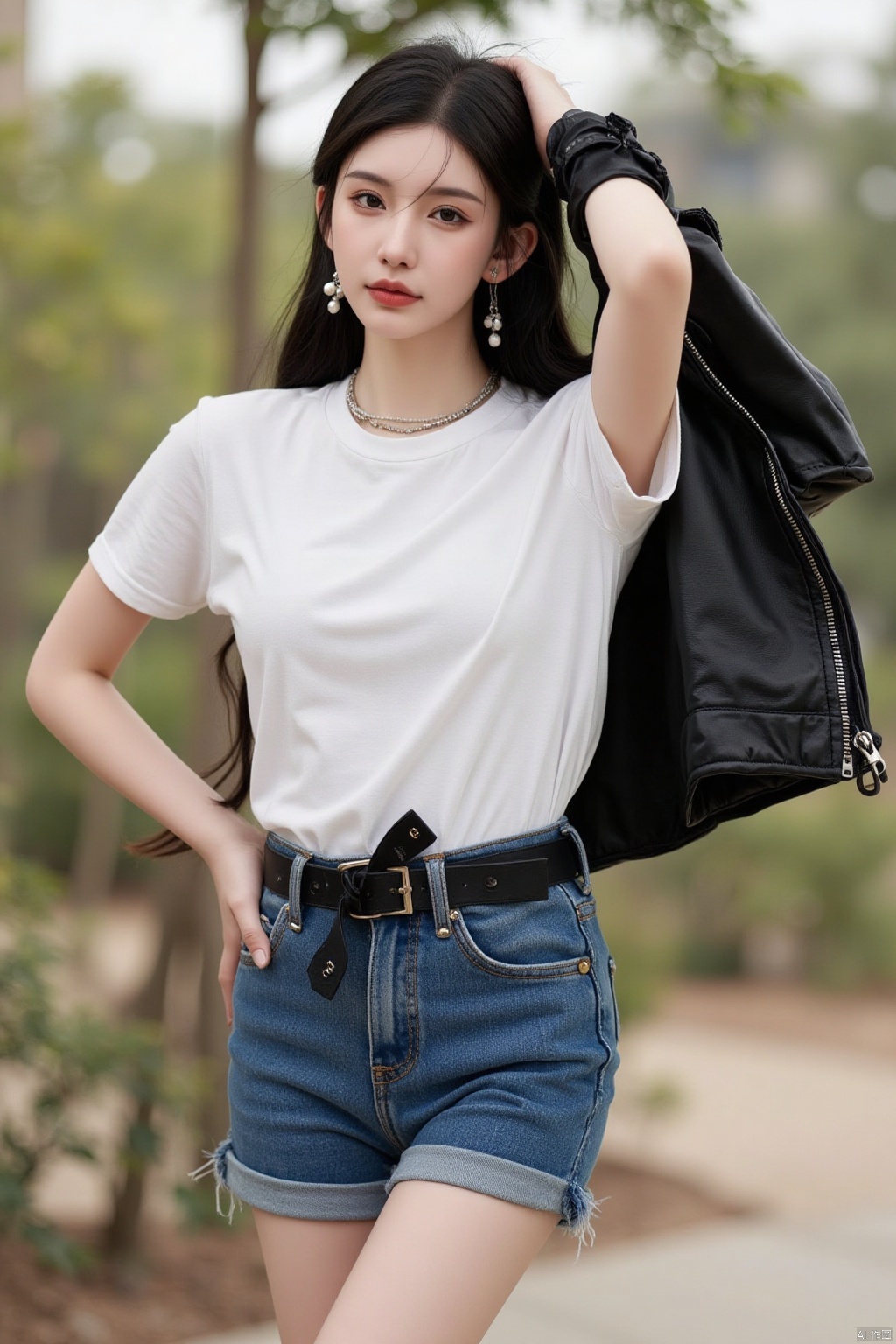 a young woman with long dark brown hair, wearing a white t-shirt and blue jean shorts with a black belt tied around her waist. She is wearing a black leather jacket over her right shoulder. Her left hand is raised in the air, adding a touch of balance to her body. The background is blurred, suggesting a natural setting.