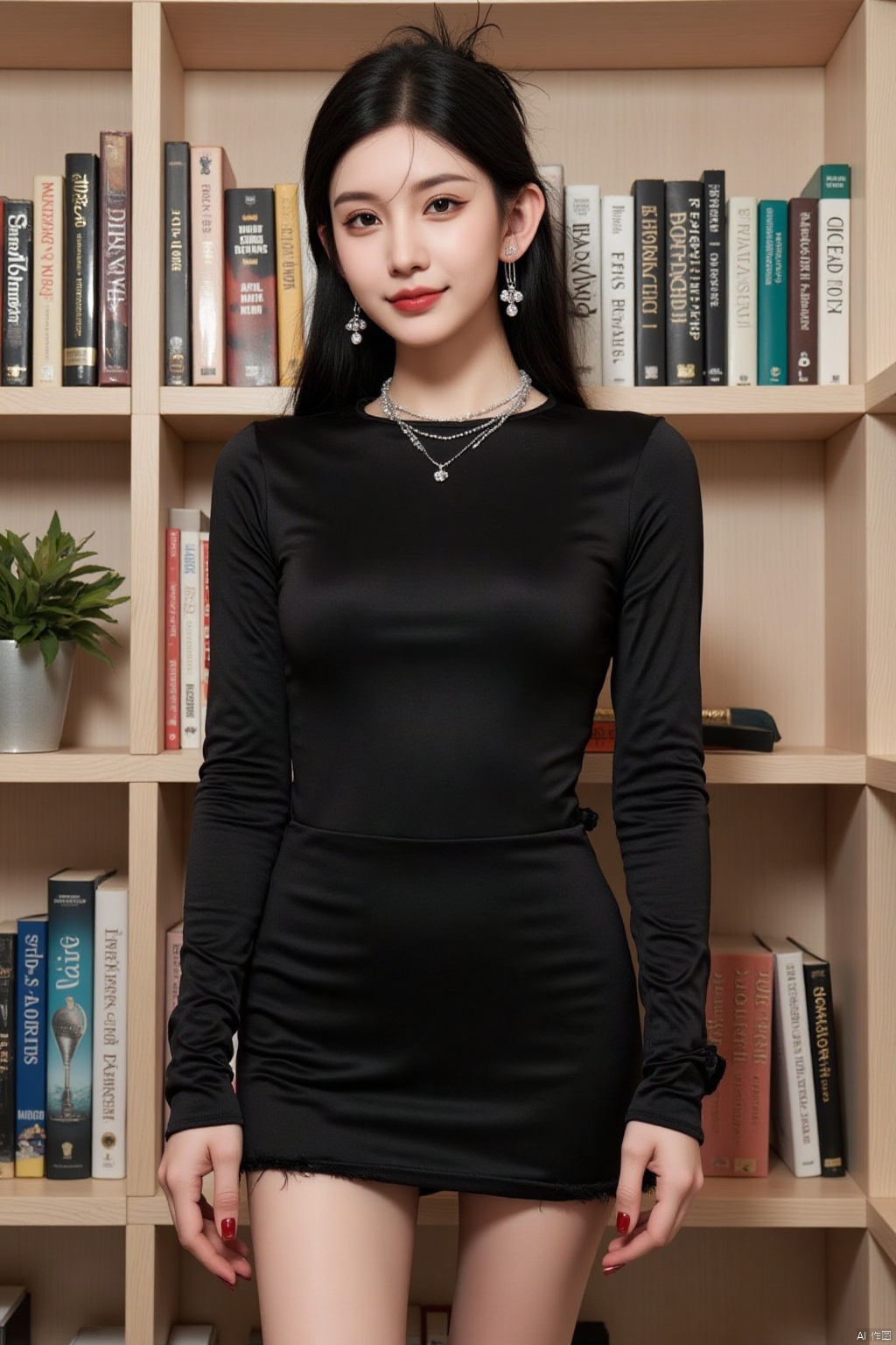 a woman stands in front of a wall adorned with books. She is dressed in a black long-sleeved t-shirt, a short skirt, and a pair of earrings. Her hair is styled in a sleek bob, and she is smiling. 