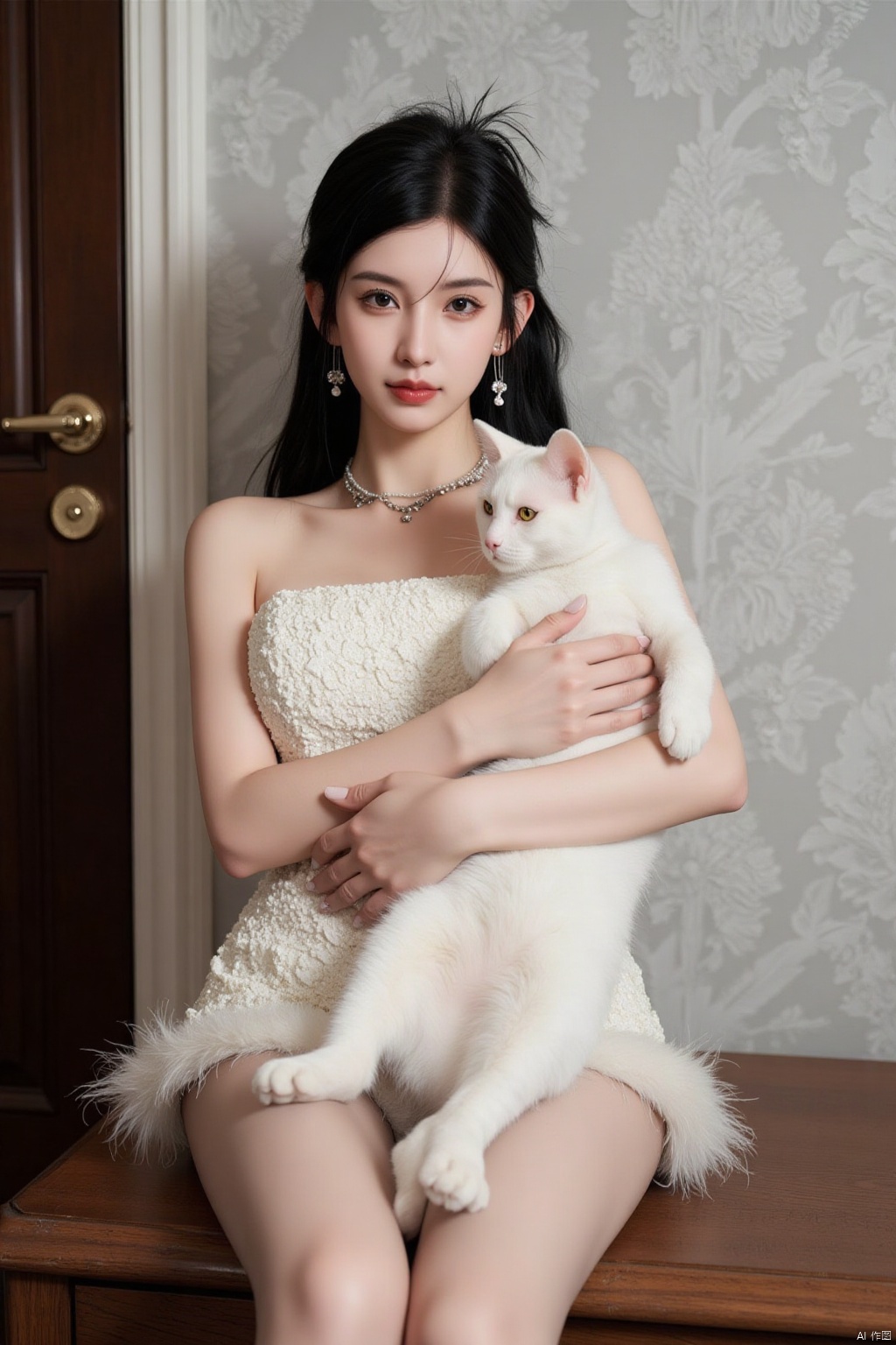 a woman with long black hair, dressed in a white sleeveless dress, is seated on a brown surface, holding a white cat in her arms. The cat's body is positioned in front of her, with its head turned to the right. Its eyes are glowing yellow, adding a pop of color to the scene. The woman's dress is adorned with a white lace pattern, and her hair is pulled back in a ponytail. The backdrop, a patterned wall paper, is a light gray, with a floral design on it. To the left of the woman, a dark brown door can be seen.