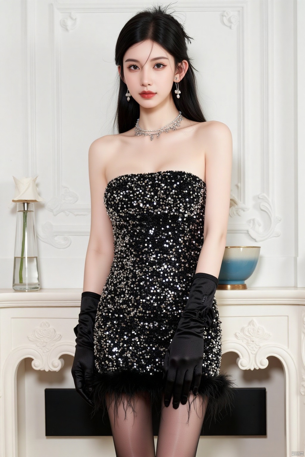 a woman stands in front of a white fireplace. She is dressed in a black strapless dress adorned with white dots. Her hair is styled in a sleek bob, and she is wearing a silver necklace and earrings. Her lips are painted a deep red, and her eyes are a piercing blue. She has a black glove on her left hand, and a pair of black tights on her right hand. The backdrop is a stark white wall, with a blue bowl on the mantel.