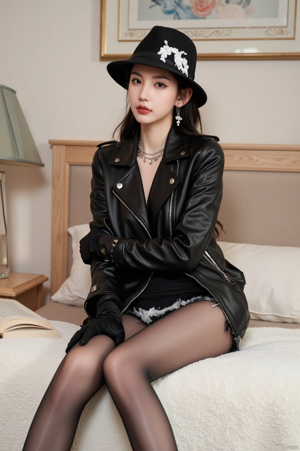 a young Asian woman is seated on a bed. She is dressed in a black leather jacket, black gloves, and a black hat adorned with a white emblem. Her long brown hair is pulled back in a ponytail, adding a touch of warmth to her outfit. The bed she is sitting on is covered in a soft white blanket, with a few pillows behind her. A small wooden nightstand is to the left of the bed, with an open book on it.,qfmj