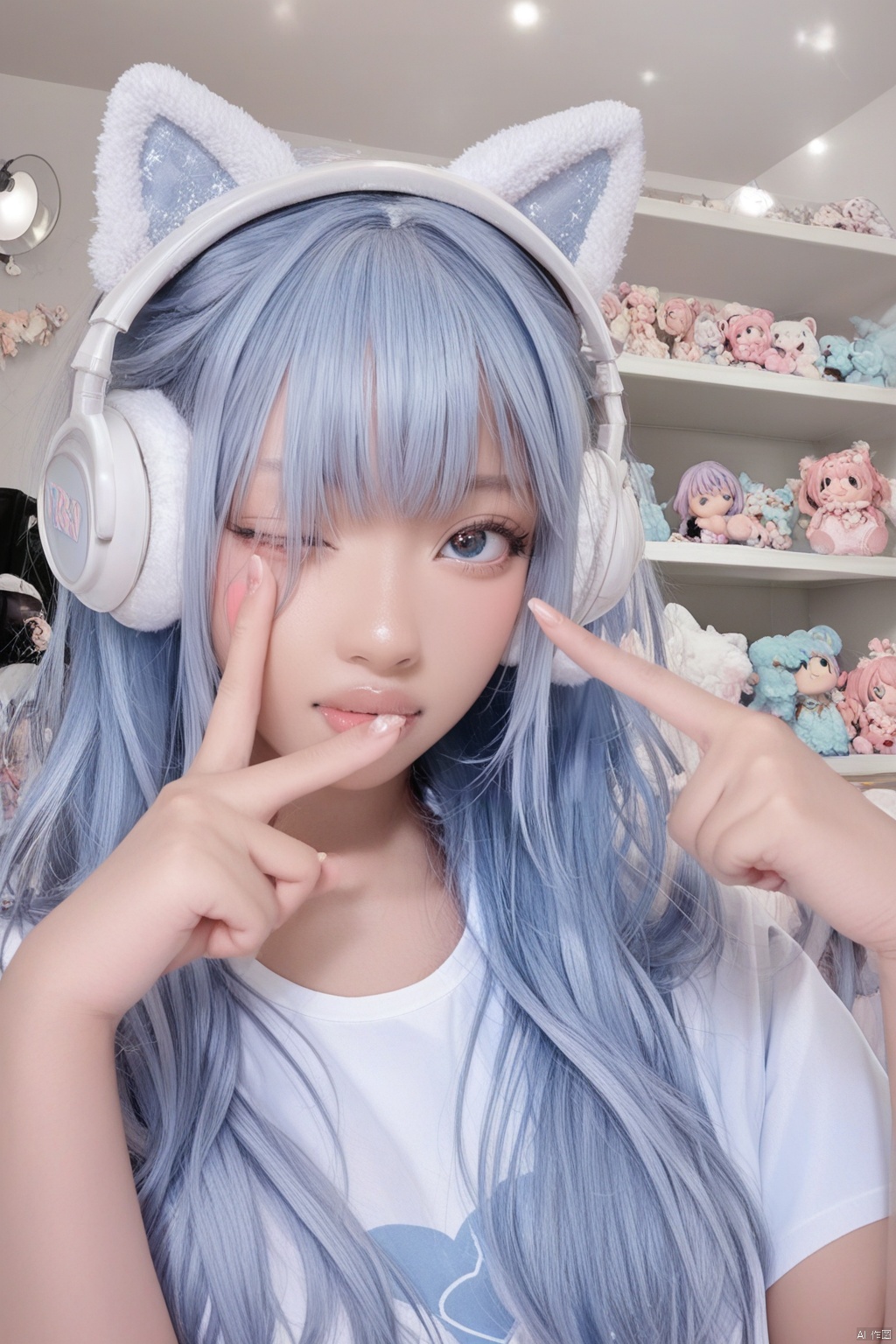 A photograph of beautiful HZZ\(hubggirl)\, (super realistic, best quality:1.25), depth, cinematic light, 
BREAK
kawaii girl with soft aesthetic,ice blue long twin tails hair with straight bangs covering one eye,striking almond-shaped eyes with pink contacts and dramatic lashes,soft pale skin with rosy cheeks,wearing oversized light blue anime graphic t-shirt with manga character print in black and white,white and pink nekomimi headphones with fluffy cat ears,delicate heart-shaped face,soft ambient room lighting,pastel blue and pink color scheme,white gaming chair in background,cute plush toys on shelf,ethereal sparkle effects around face,professional beauty lighting setup,shot with Sony A7S III camera,85mm portrait lens,shallow depth of field,high-key lighting style,ultra-detailed hair texture,glossy lips with subtle pink tint,cute kawaii hand gestures,highly detailed anime merchandise visible in shot,Japanese idol photo style,emphasis on large expressive eyes and innocent expression,8k resolution,perfect cosplay makeup application,soft dreamy atmosphere,cute girl,photorealistic,