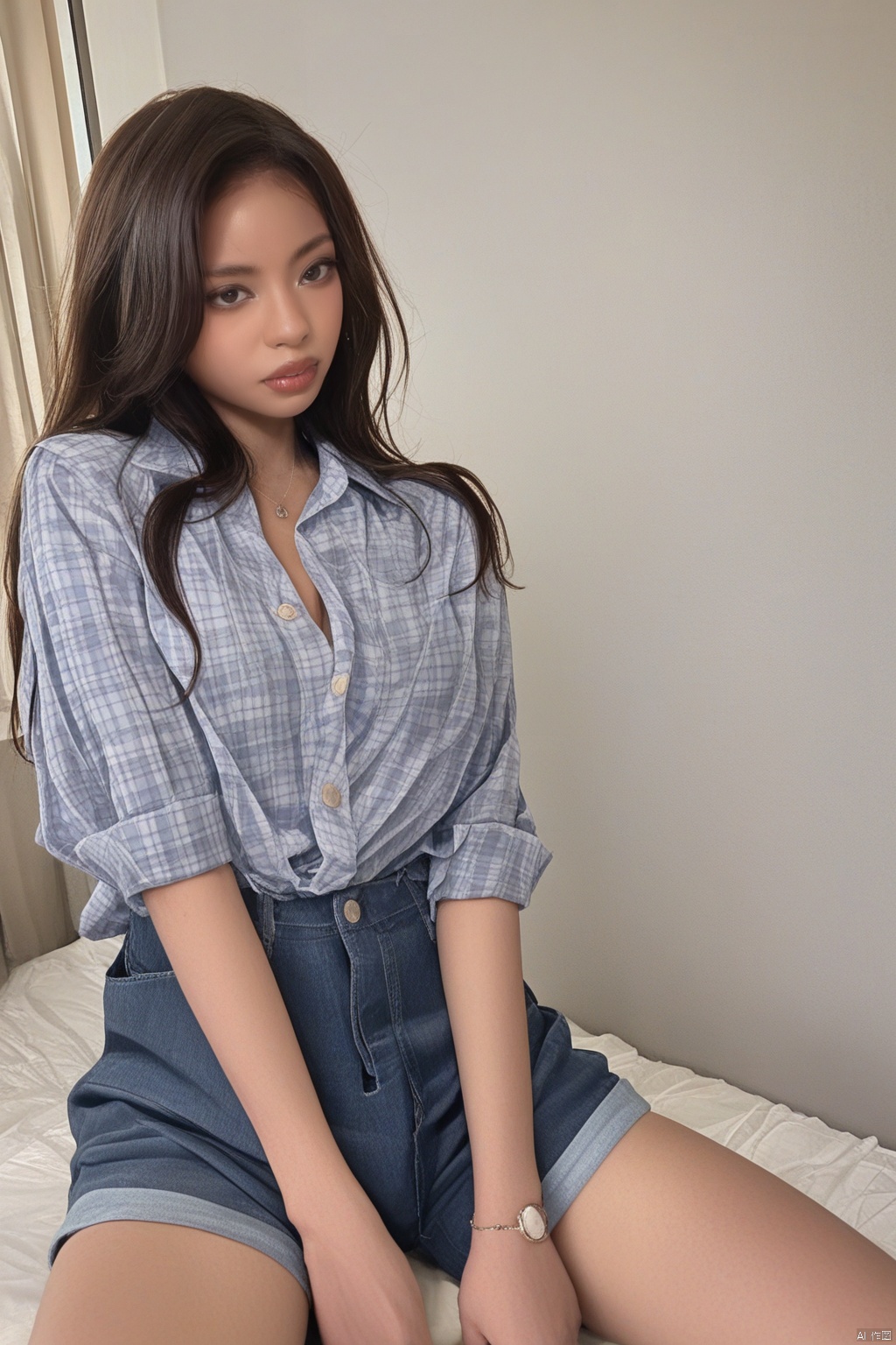 A photograph of beautiful HZZ\(hubggirl)\, (super realistic, best quality:1.25), depth, cinematic light, 
BREAK
1girl,Checkered shirt, shorts,half body,The unbuttoned button