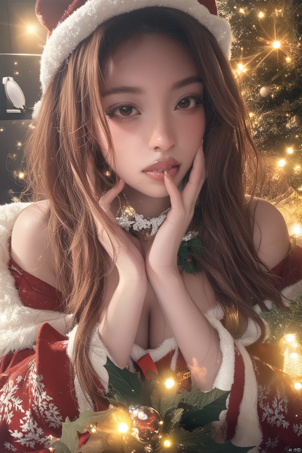 A photograph of beautiful HZZ\(hubggirl)\, (super realistic, best quality:1.25), depth, cinematic light, 
BREAK
21yo girl,christmas,masterpiece,best quality,solo,simple_background