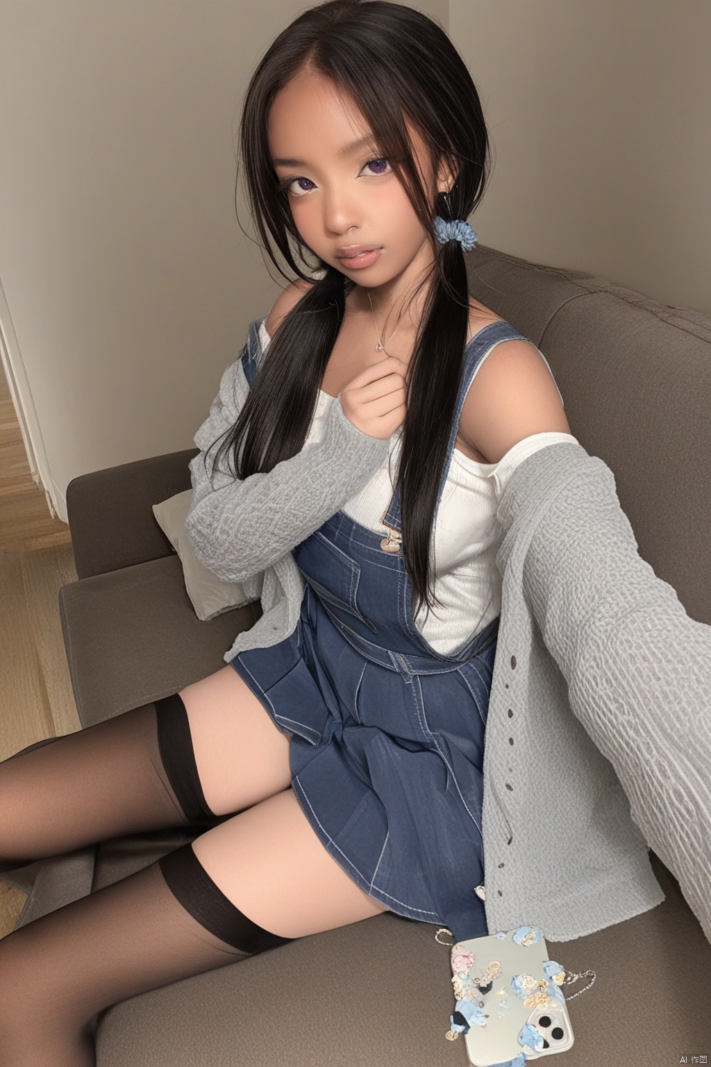 A photograph of beautiful HZZ\(hubggirl)\, (super realistic, best quality:1.25), depth, cinematic light, 
BREAK
A petite girl lies on a couch, her tiny frame nestled in the curves of the plush cushion. Her long black hair cascades down her back like a waterfall, with sidelocks framing her face and a few loose strands falling between her eyes. Her twin tails are adorned with a simple hair tie, adding to the overall cuteness. The girl's extremely detailed face is topped with parted lips and a blush that suggests she's just woken up from a nap. Her purple eyes seem to hold a secret, as if she's sharing a private joke with the viewer.The soft glow of volumetric lighting casts a warm ambiance on the scene, highlighting the girl's petite body clad in a grey sweater and pleated skirt. The brown pantyhose and thigh-high socks peek out from under her skirt, adding to the overall charm. Her smartphone lies flat in front of her, as if she was just taking a selfie when she drifted off to sleep.The camera captures the scene from behind, showcasing the girl's sleeping form, with her long sleeves folded past her wrists like a gentle wave. A cardigan is draped over her shoulders, adding an extra layer of warmth and comfort. The brown pillow and cushion provide a cozy backdrop for this sweet slumbering scene, inviting the viewer to join in on the peacefulness.