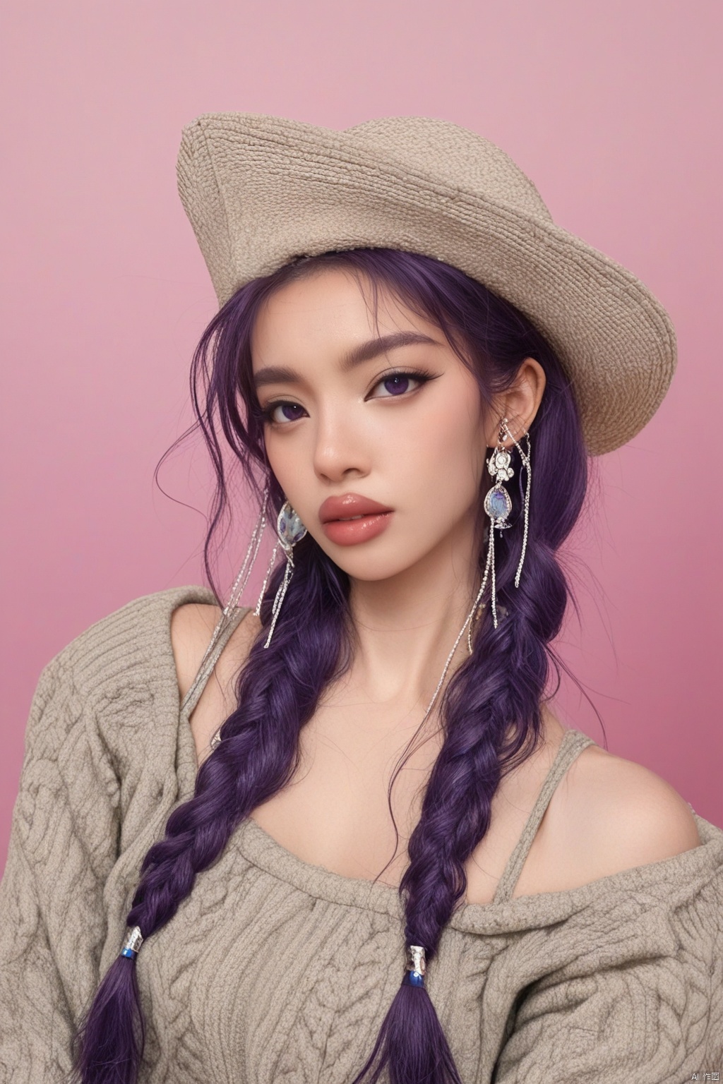 photorealistic,full body portrait of hubggirl,perfect hands,(ultra realistic,best quality),Extremely Realistic,vibrant colors,chinese girl,hat,jewelry,shut up,purple eyes,upper body,purple hair,braids,earrings,double braids,sweater,lips,gradient,gradient background,eyelashes,makeup,pink background,portrait,shoulder hair,real,red lips,