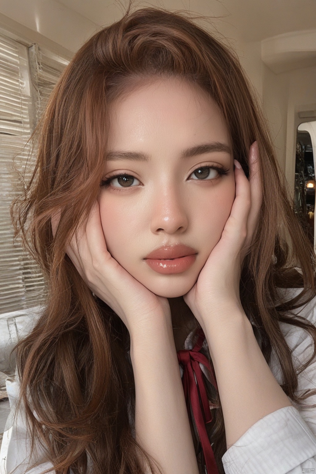 A photograph of beautiful hubggirl, (super realistic, best quality:1.25), depth, cinematic light, BREAK 21yo girl, solo, looking at viewer, HUBG_Red_Ribbon, upper_body, BREAK perfect hands, perfect light, vibrant colors, intricate details, highly detailed skin, pale skin, photorealistic, raw, analog, taken by Sony Alpha 7R IV, Zeiss Otus 85mm F1.4, ISO 100 Shutter Speed 1/400, Vivid picture, intricate background,