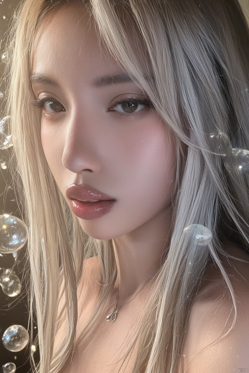 (ultra realistic,best quality),photorealistic,Extremely Realistic,in depth,hubg_jsnh,cinematic light,hubggirl,She is stylish and glamorous with her long hair and delicate features,surrounded by surreal floating water bubbles,splash detailed,surreal dramatic lighting shadow (lofi, analog),kodak film by Brandon Woelfel Ryan McGinley,moment eyes,beautiful face,sexy girl,mid body,intricate background,realism,realistic,raw,analog,portrait,photorealistic,