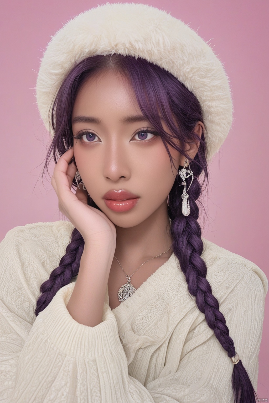 photorealistic,full body portrait of hubggirl,perfect hands,(ultra realistic,best quality),Extremely Realistic,vibrant colors,chinese girl,hat,jewelry,shut up,purple eyes,upper body,purple hair,braids,earrings,double braids,sweater,lips,gradient,gradient background,eyelashes,makeup,pink background,portrait,shoulder hair,real,red lips,HZZ\(hubggirl)\
