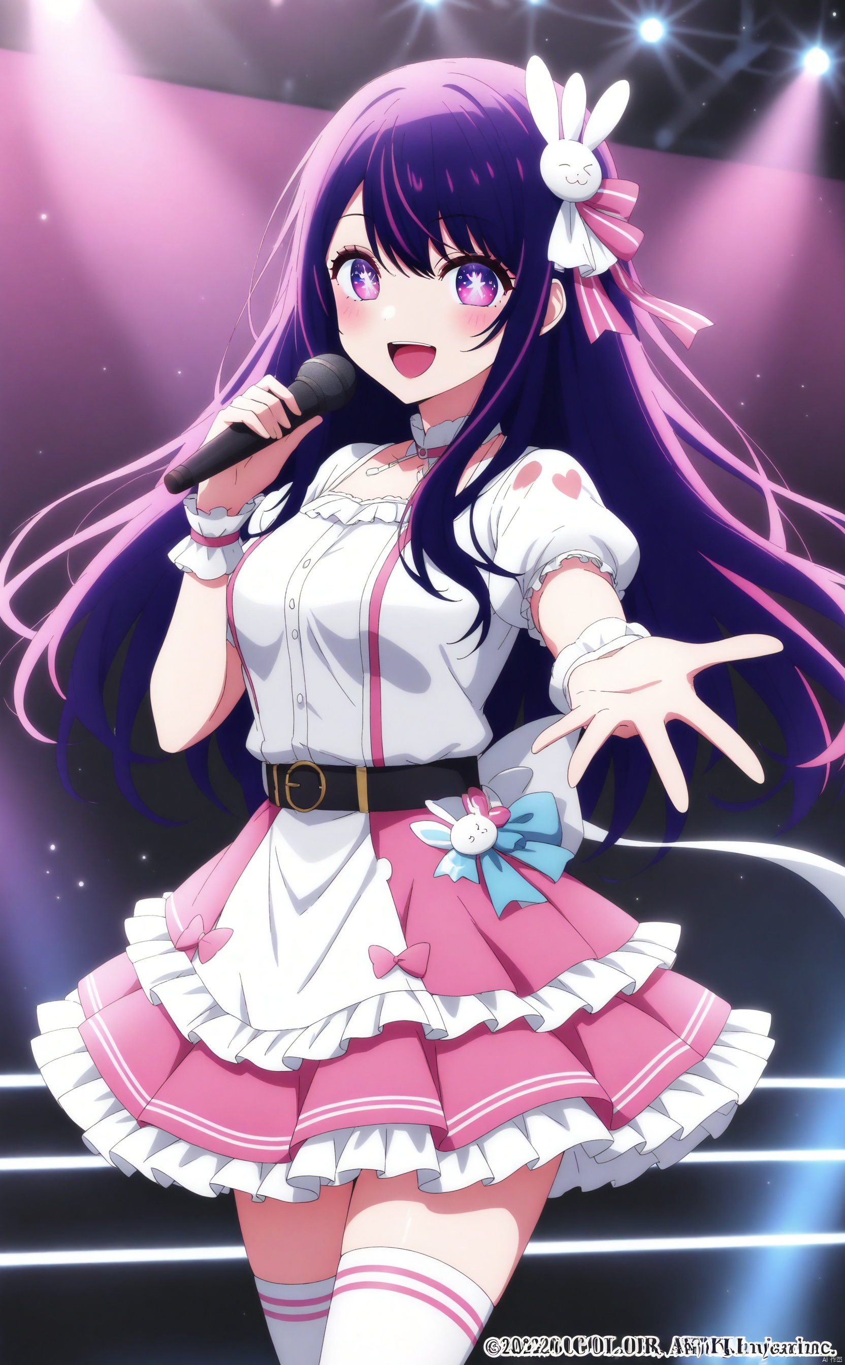 1girl, solo, long hair, looking at viewer, blush, smile, open mouth, bangs, skirt, shirt, hair ornament, thighhighs, holding, purple eyes, white shirt, purple hair, short sleeves, multicolored hair, frills, puffy sleeves, belt, virtual youtuber, white thighhighs, puffy short sleeves, frilled skirt, microphone, pink skirt, music, holding microphone, singing, idol, rabbit hair ornament, stage，Hoshino Ai