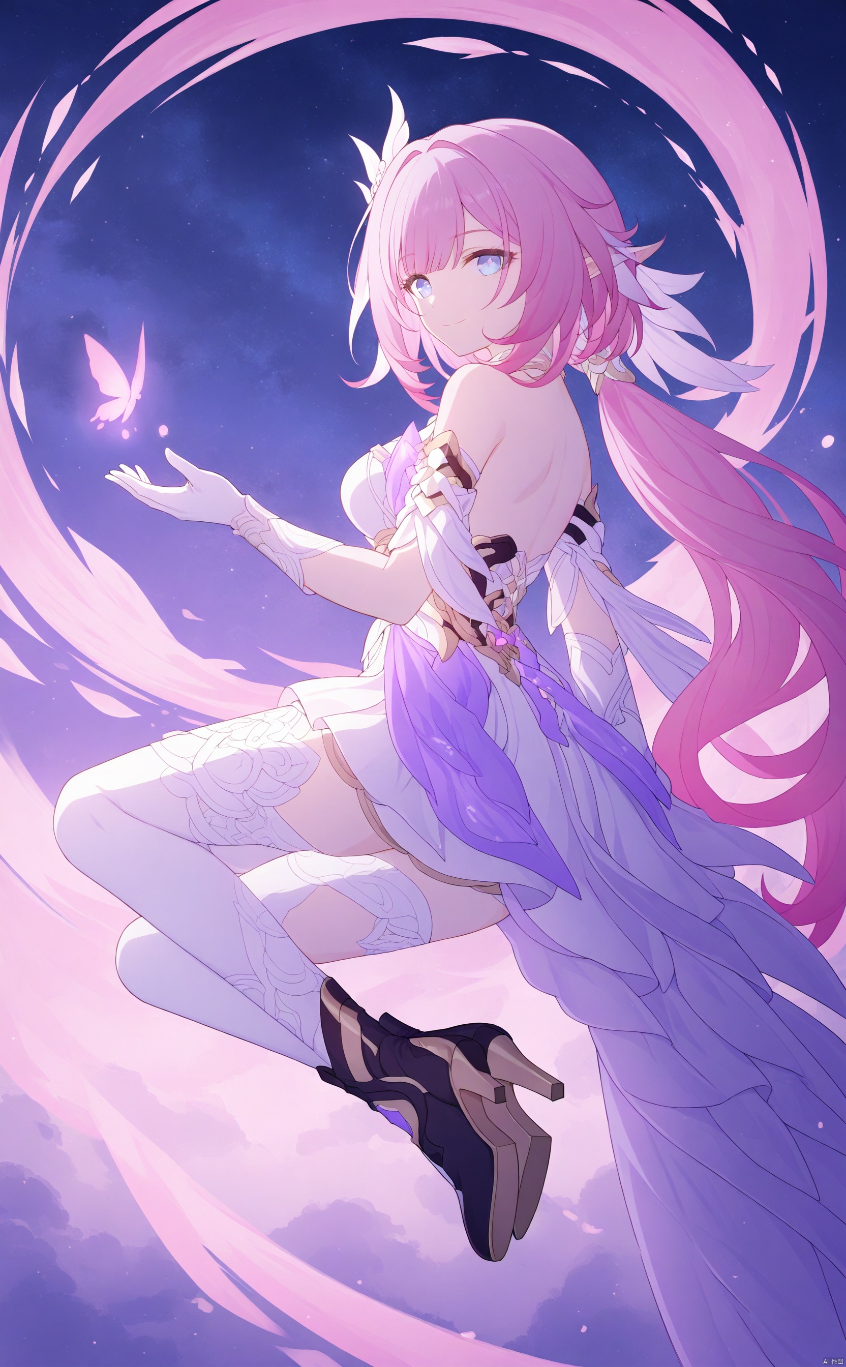1girl, solo, long hair, looking at viewer, smile, bangs, hair ornament, thighhighs, gloves, dress, bare shoulders, closed mouth, full body, ponytail, pink hair, purple hair, boots, looking back, white gloves, black footwear, high heels, white thighhighs, floating, elysia \(honkai impact\)