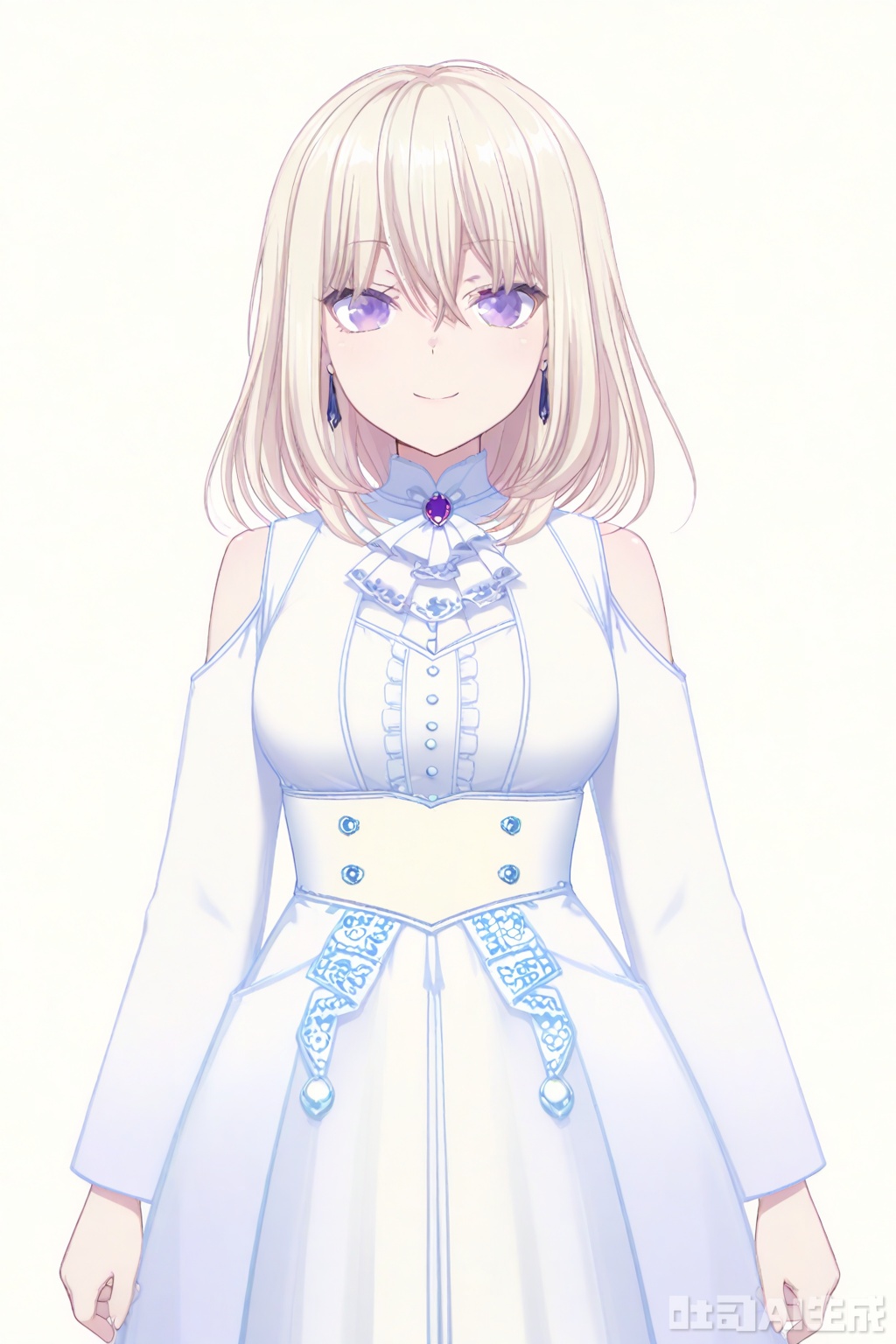 masterpiece, best quality,solo,((white background:1.2)),simple background,
looking at viewer,Misumi Uika,blonde hair bangs,purple eyes,smile,medium hair,hair between eyes