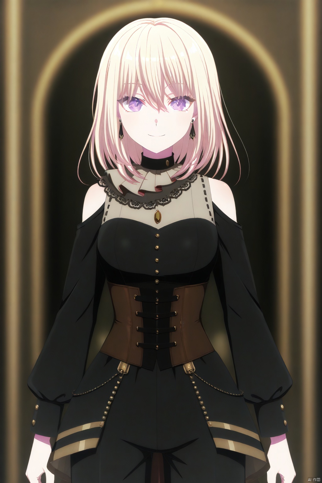 Misumi Uika,blonde hair bangs,purple eyes,smile,medium hair,hair between eyes
long sleeves, black shorts, black dress, dress,grey socks,kneehighs,black high heels, off shoulders, black pants, corset, choker, ascot,gold_trim, black earrings, jewelry,
