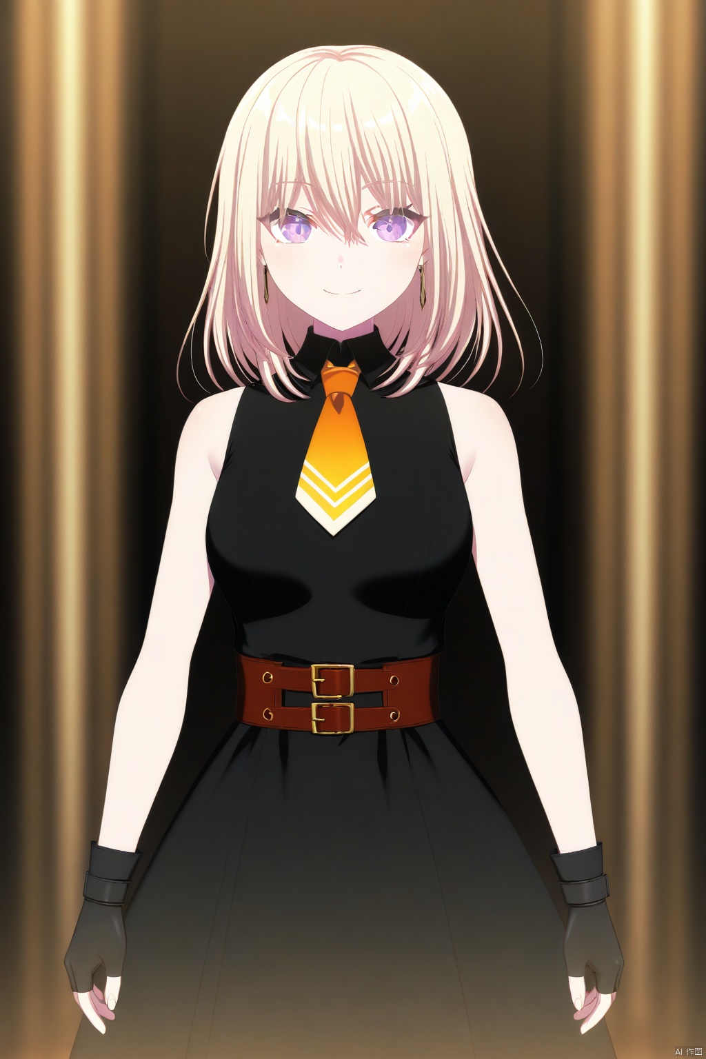 Misumi Uika,blonde hair bangs,purple eyes,smile,medium hair,hair between eyes
gloves,dress,bare shoulders,boots,necktie,sleeveless,black gloves,belt,fingerless gloves,black footwear,black dress,high heels,sleeveless dress,